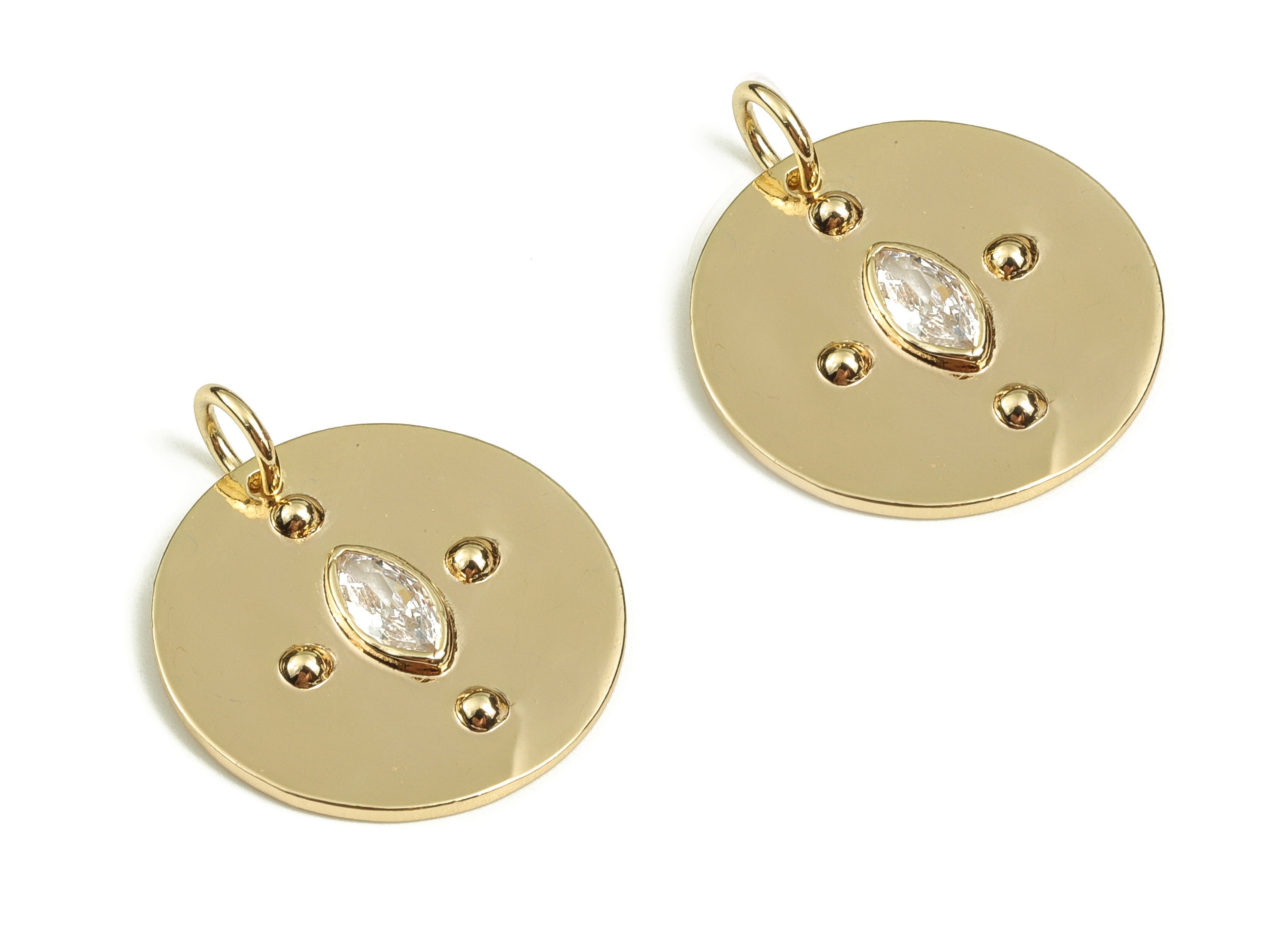 Brass Circle Earring Charms With Zircons - Gold Eye Pendant - 18K Real Gold Plated Brass - Jewelry Supplies - 15.4x13.31x1.82mm - RGP3679 - DOMEDBAZAAR