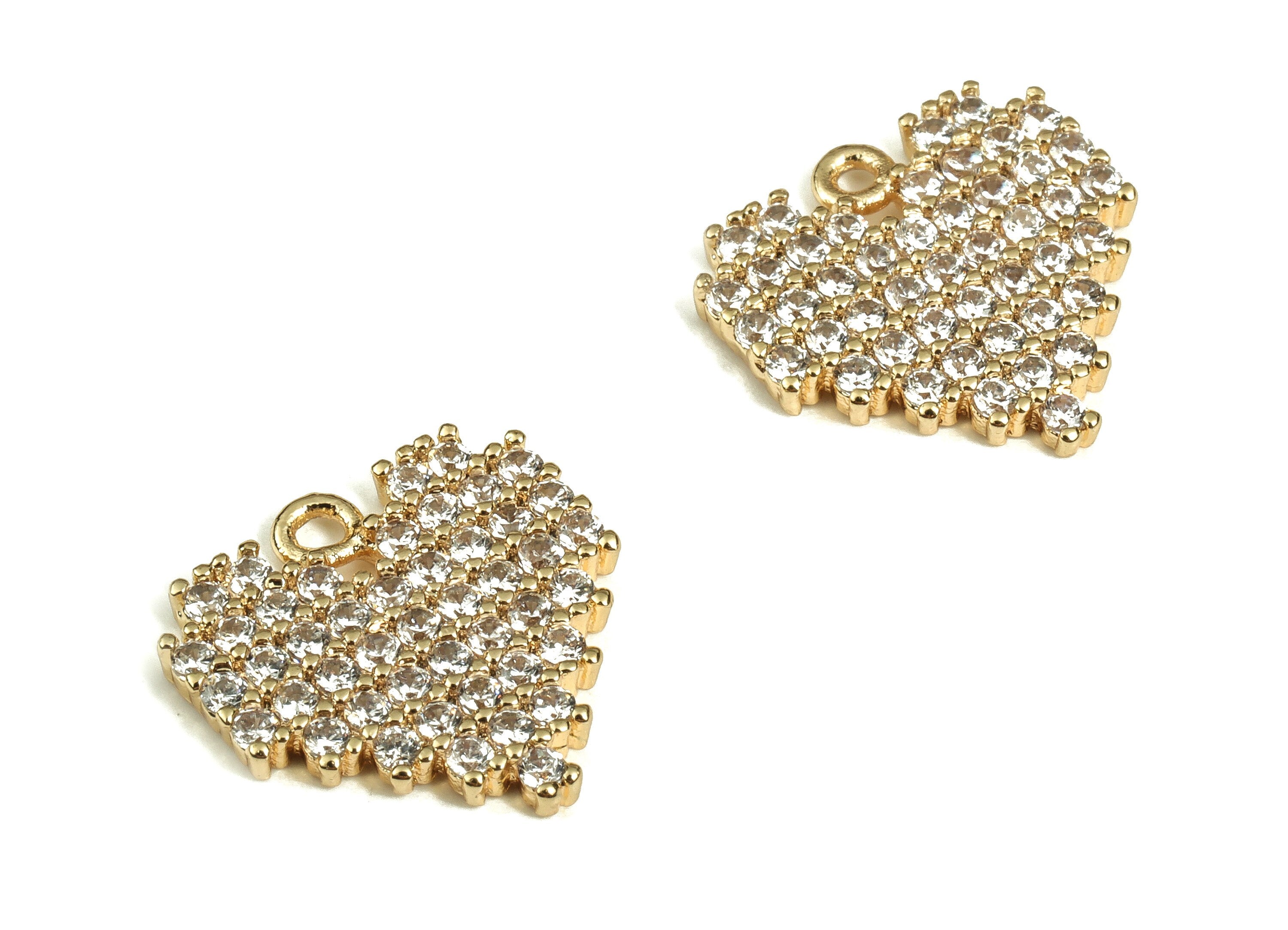 Brass Heart Earring Charms With Zircons - Gold Heart Pendant - 18K Real Gold Plated Brass - Jewelry Supplies - 14.63x14.49x1.87mm - RGP3683 - DOMEDBAZAAR