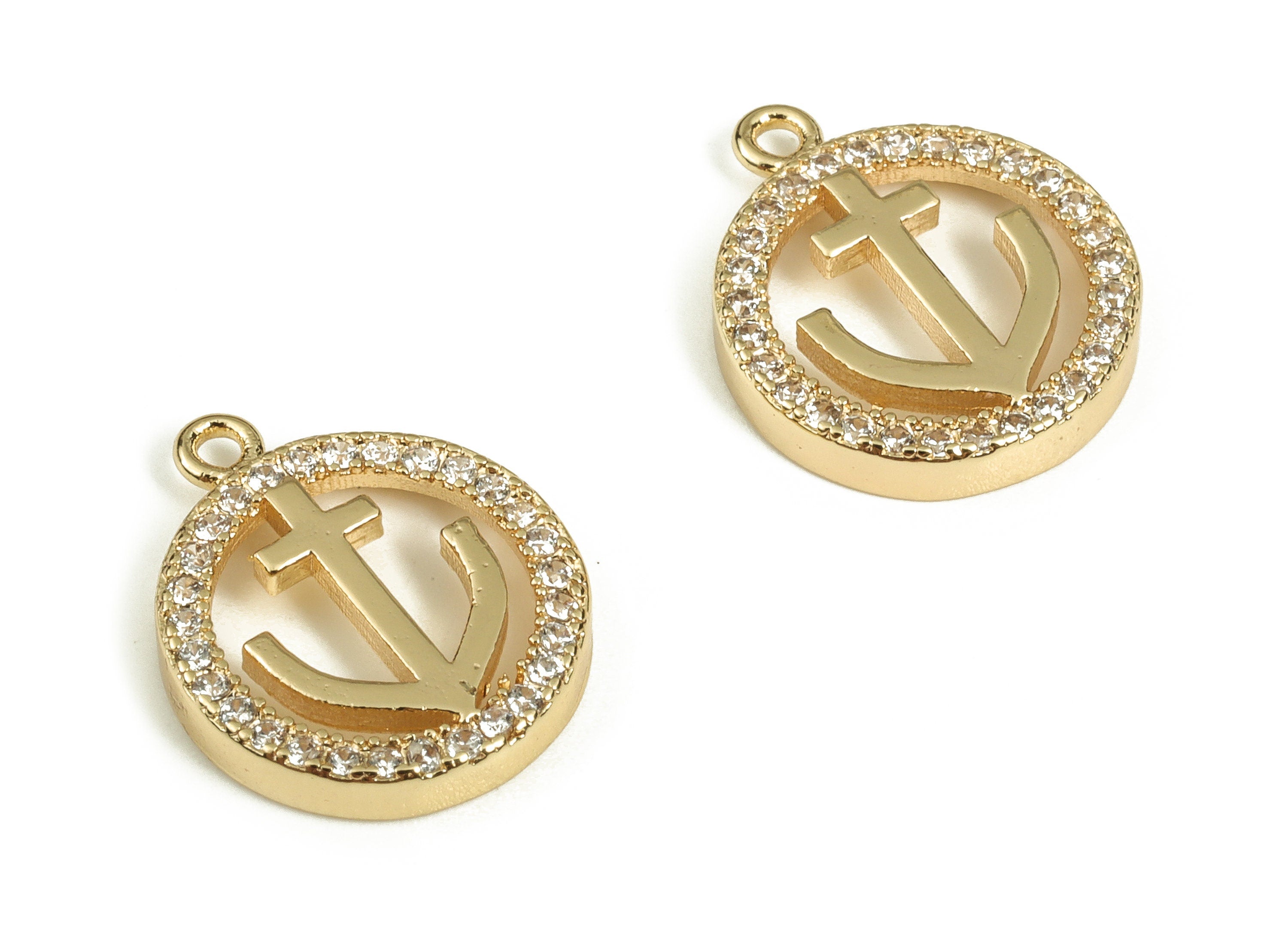 Brass Round Earring Charms With Zircons - Gold Symbol Pendant - 18K Real Gold Plated Brass - Jewelry Supplies - 13.83x11.65x2.18mm - RGP3684 - DOMEDBAZAAR