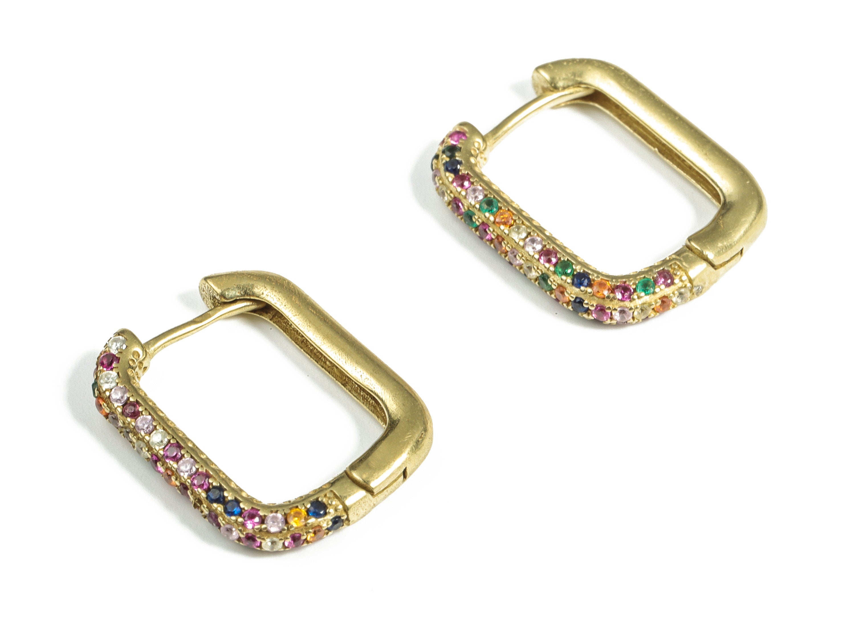 Brass Square Hoop Earrings – Huggie Hoop Earrings With Multicolored Zircons – Dainty Hoops Earrings - 20.07×15.58×2.91mm - PP4058 - DOMEDBAZAAR