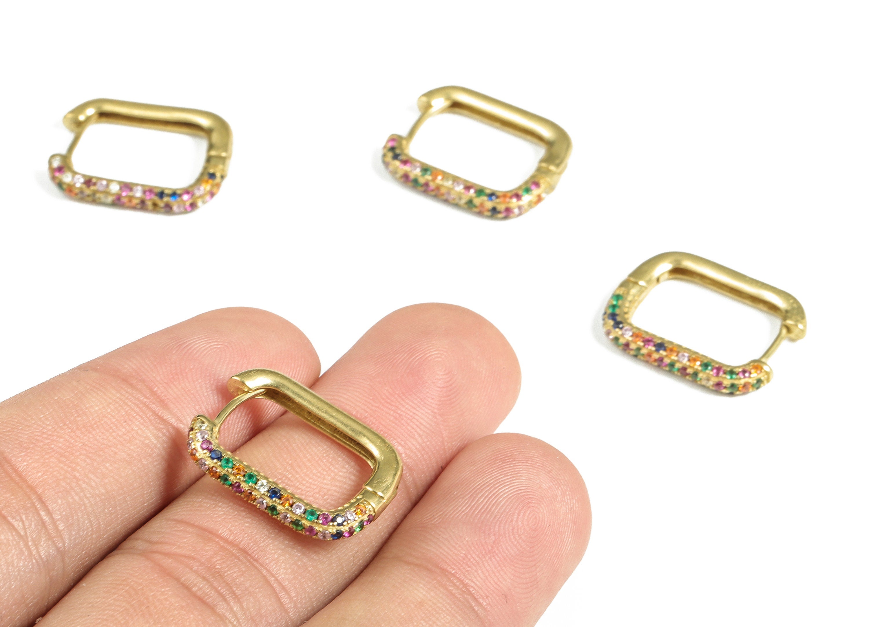 Brass Square Hoop Earrings – Huggie Hoop Earrings With Multicolored Zircons – Dainty Hoops Earrings - 20.07×15.58×2.91mm - PP4058 - DOMEDBAZAAR