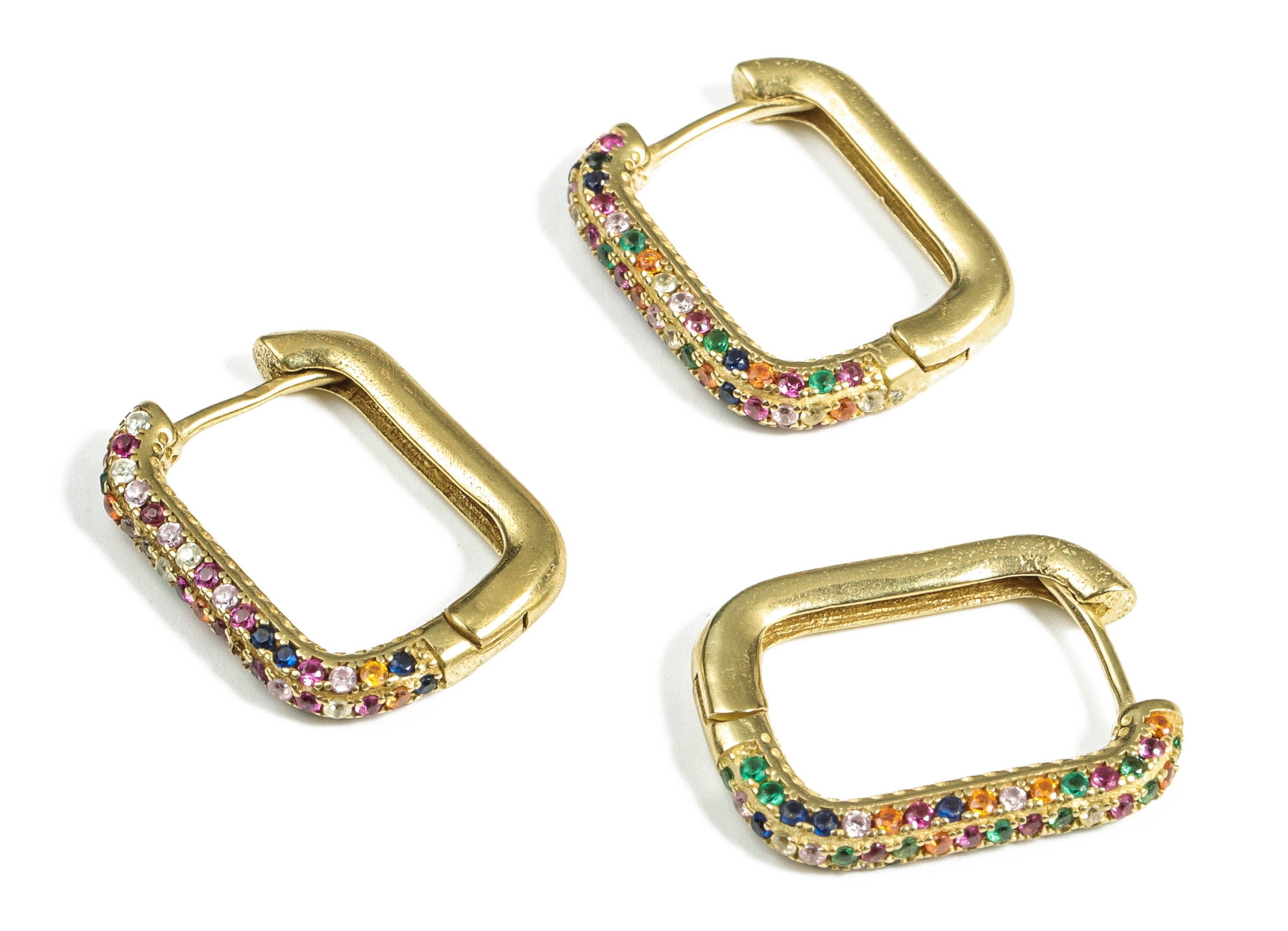 Brass Square Hoop Earrings – Huggie Hoop Earrings With Multicolored Zircons – Dainty Hoops Earrings - 20.07×15.58×2.91mm - PP4058 - DOMEDBAZAAR