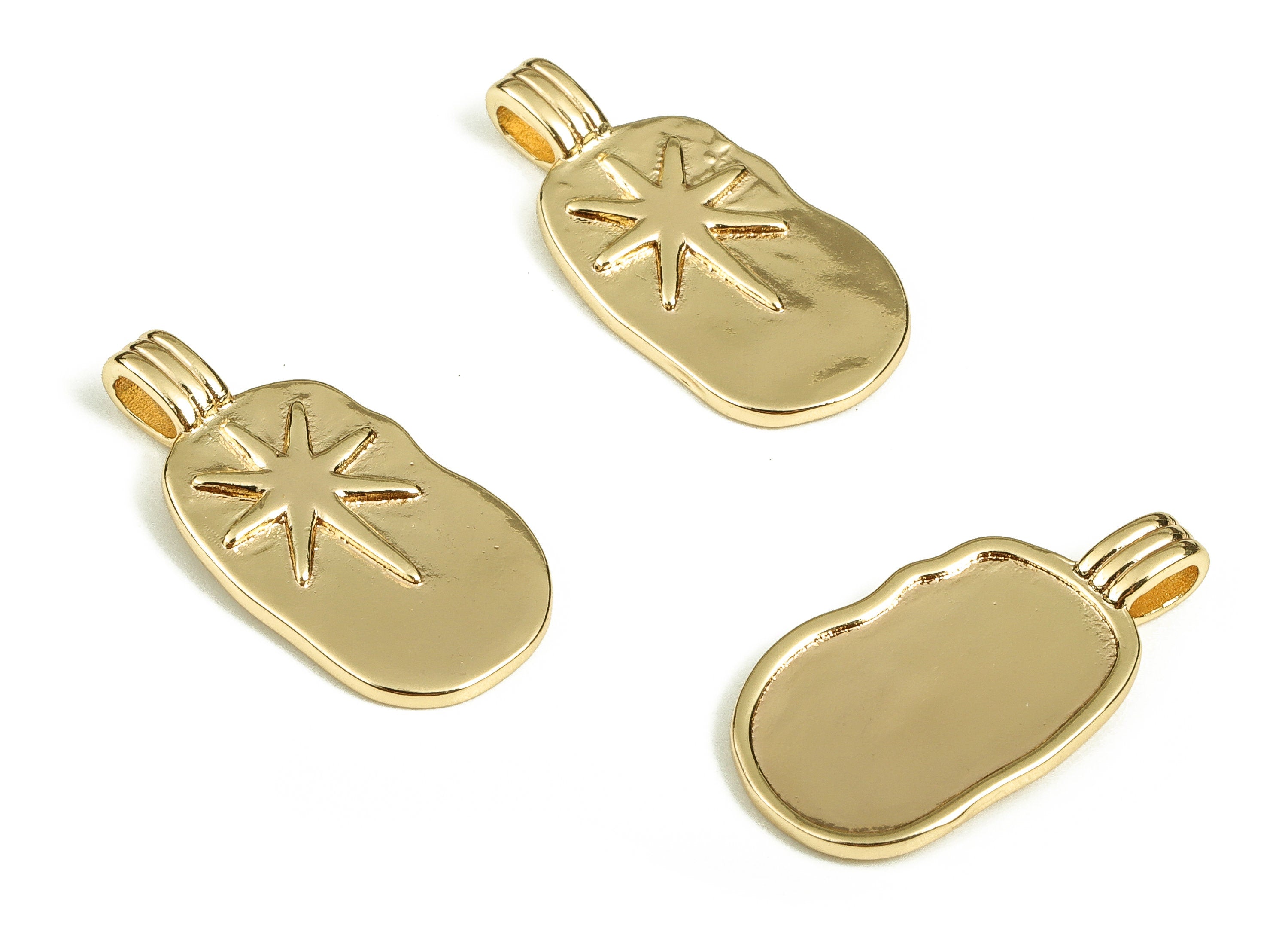 Brass Oval Earring Charms - Gold Star Pendant - 18K Real Gold Plated Brass - Jewelry Making Supplies - 23.47x11.88x1.73mm - RGP3688 - DOMEDBAZAAR