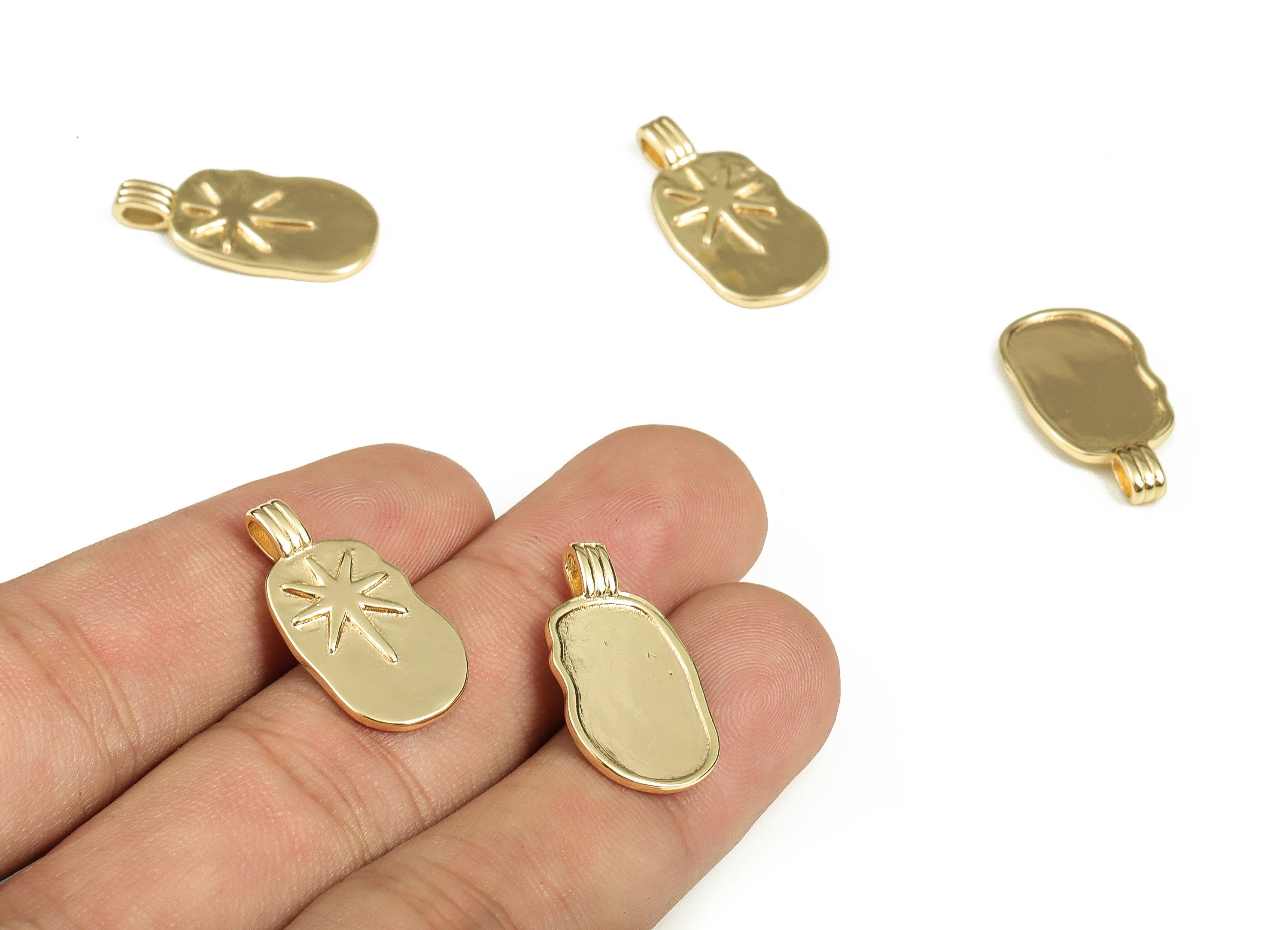 Brass Oval Earring Charms - Gold Star Pendant - 18K Real Gold Plated Brass - Jewelry Making Supplies - 23.47x11.88x1.73mm - RGP3688 - DOMEDBAZAAR