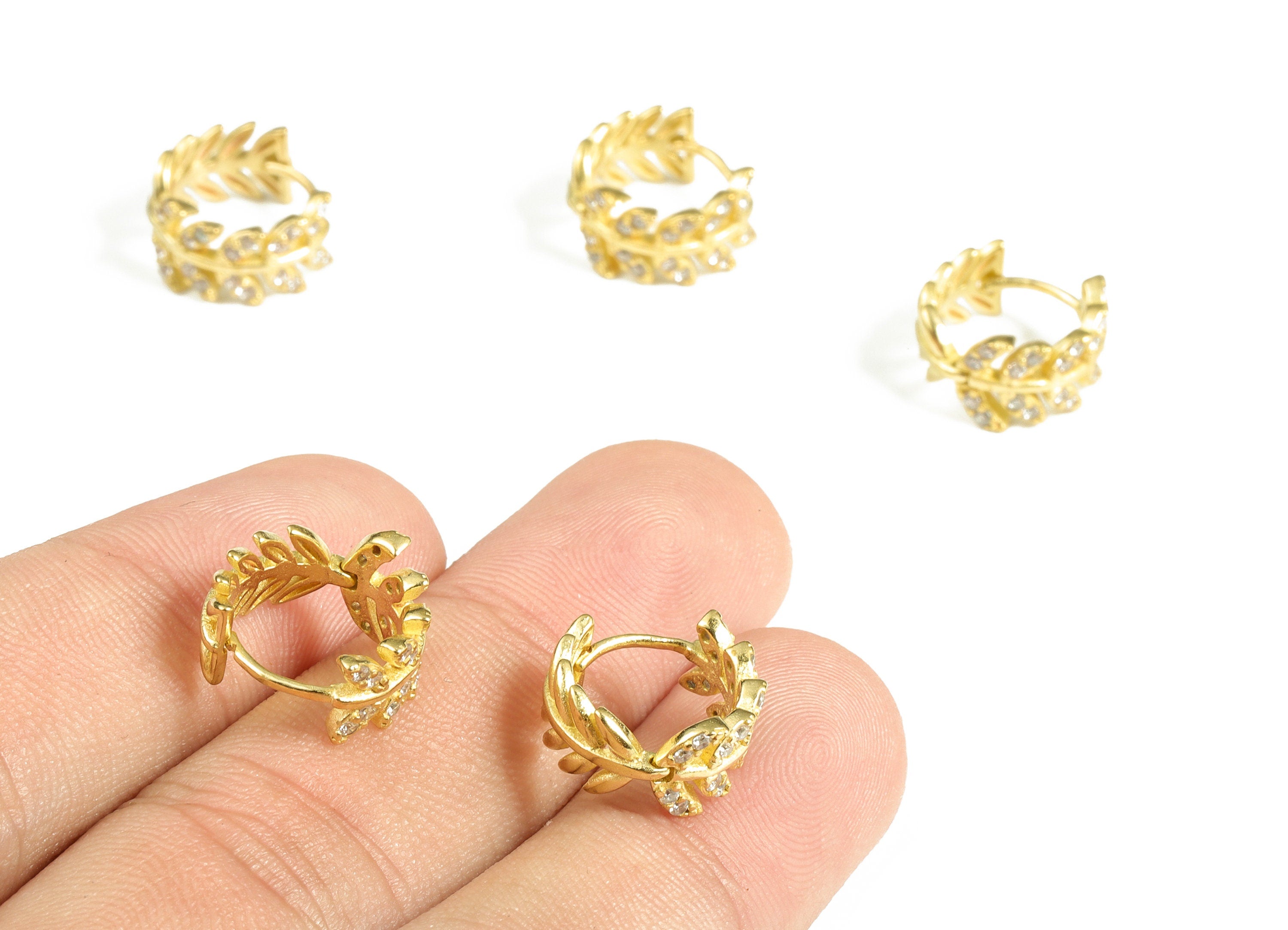 Tiny Branch Leaf Hoop Earring - Zircon Stud Earring - Brass Plated Earring Stud – Designer Hoop Earrings - 12.98× 12.76× 1.79mm - PP4062 - DOMEDBAZAAR