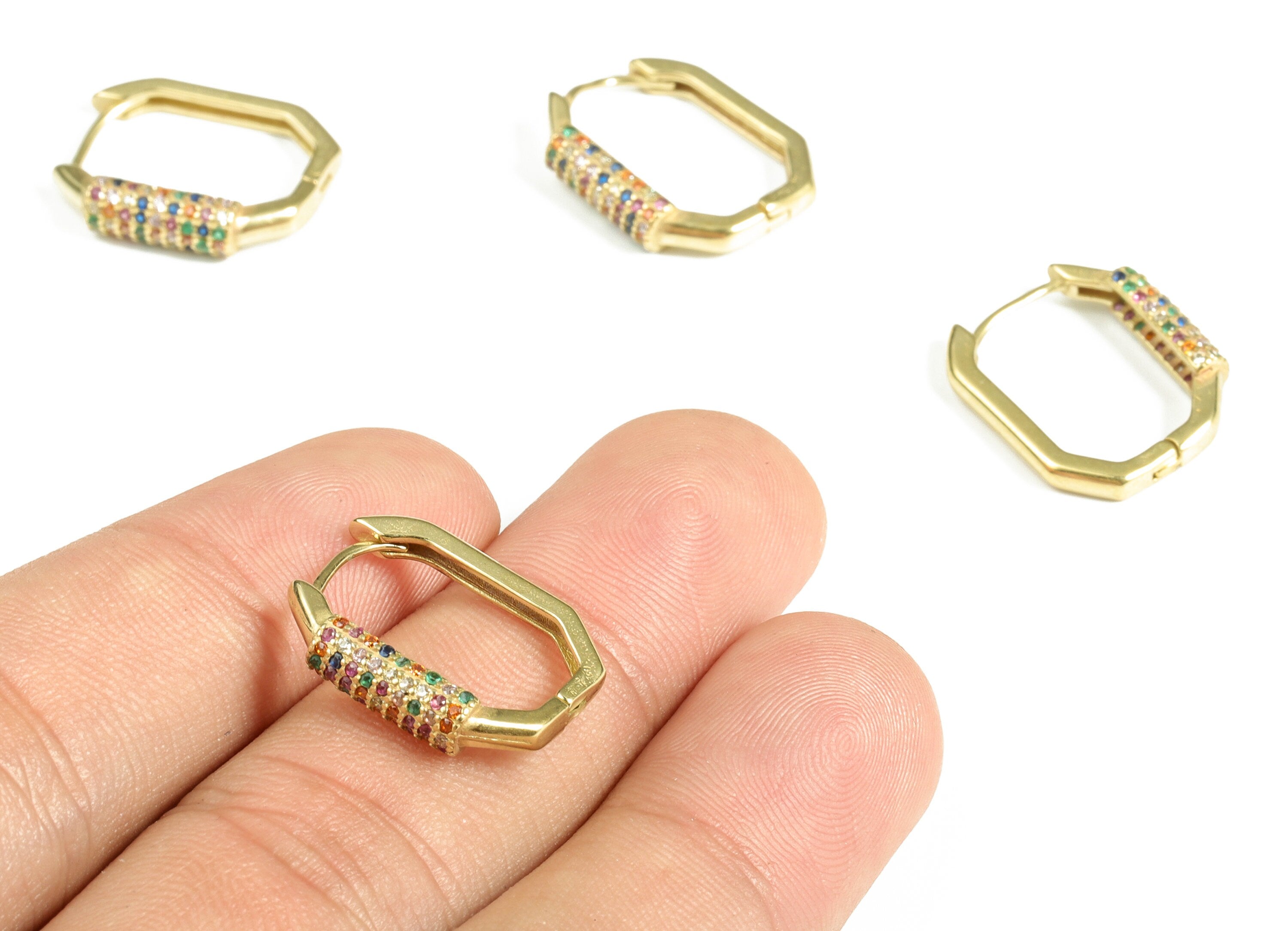 Brass Hoop Earrings – Women Multicolor Zircon Huggie Hoop Earring - Stud Earring Findings - Jewelry Supplies - 19.11×15.58×2.88mm - PP4068 - DOMEDBAZAAR