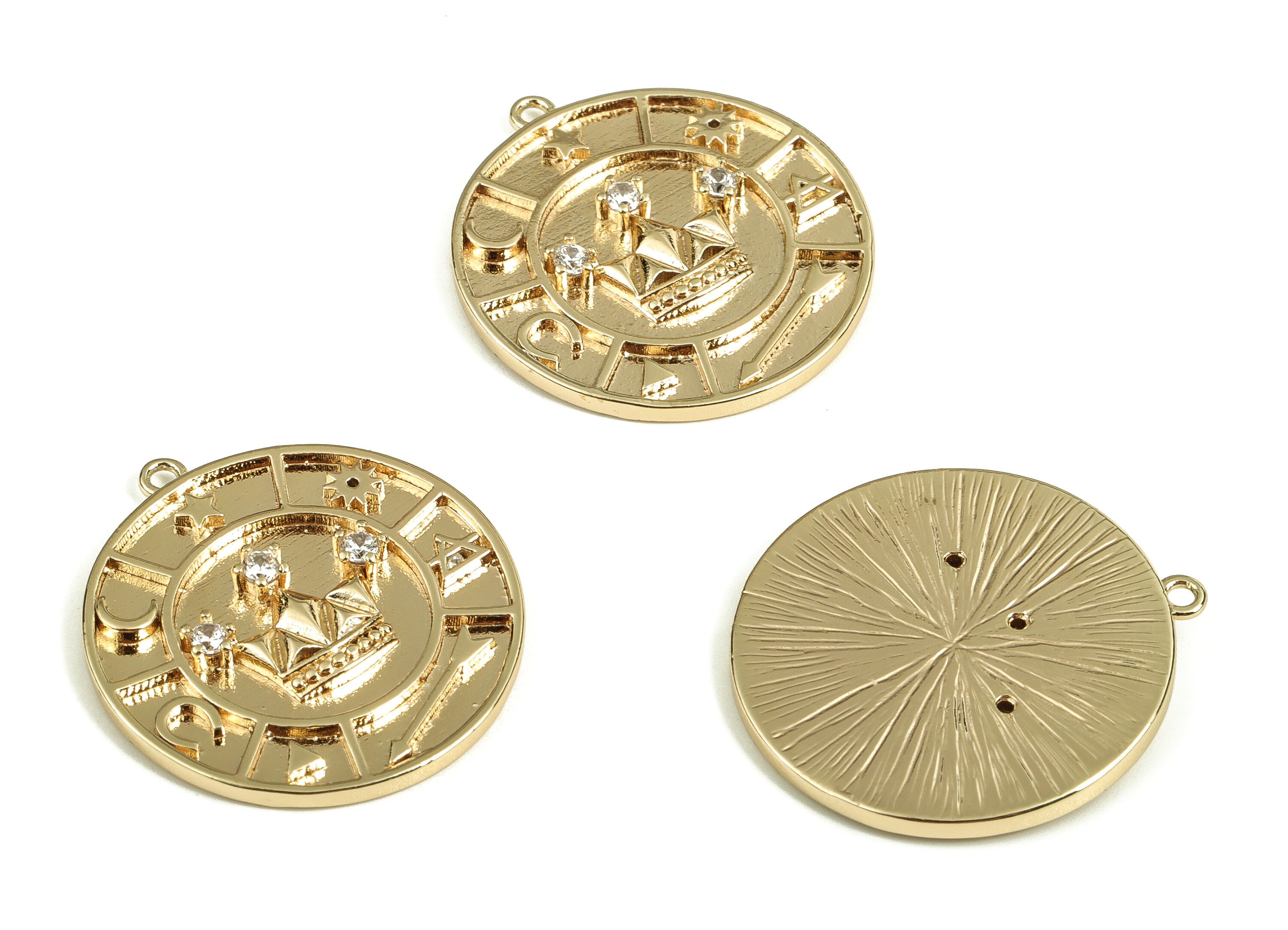 Brass Circle Crown Earring  - Gold With Zircon Crown Pendant - 18K Real Gold Plated Brass - Jewelry Supplies - 25.32x23.16x2.66mm - RGP3535 - DOMEDBAZAAR