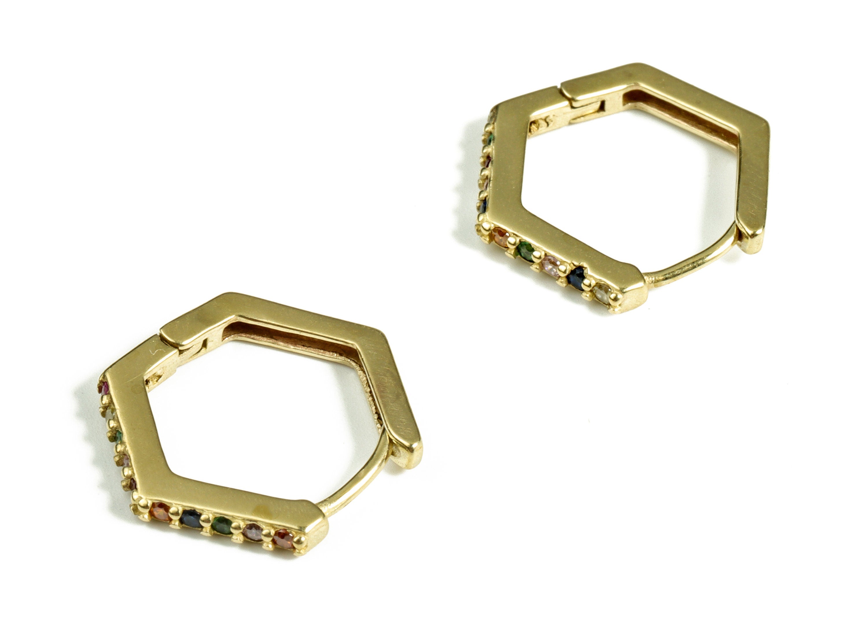 Brass Hexagon Hoop Earring - Brass Hoop Earrings - Geometric Earring With Multicolor Zircons - Jewelry Supplies -17.6×15.31×2.45mm - PP4096 - DOMEDBAZAAR