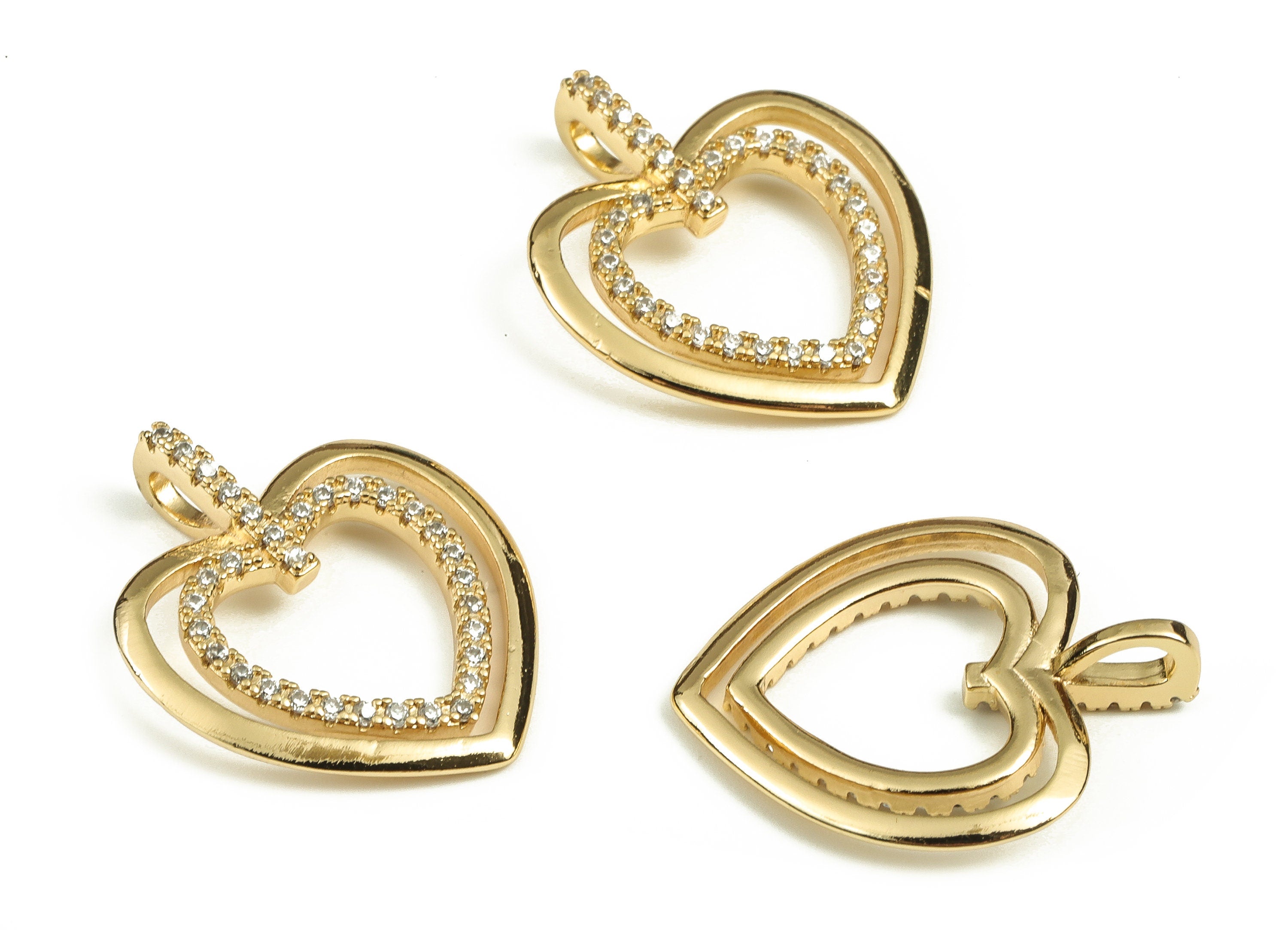 Brass Heart Earring Charms With Zircons - Gold Heart Pendant - 18K Real Gold Plated Brass - Jewelry Supplies - 22.98x18.73x5.06mm - RGP3771 - DOMEDBAZAAR