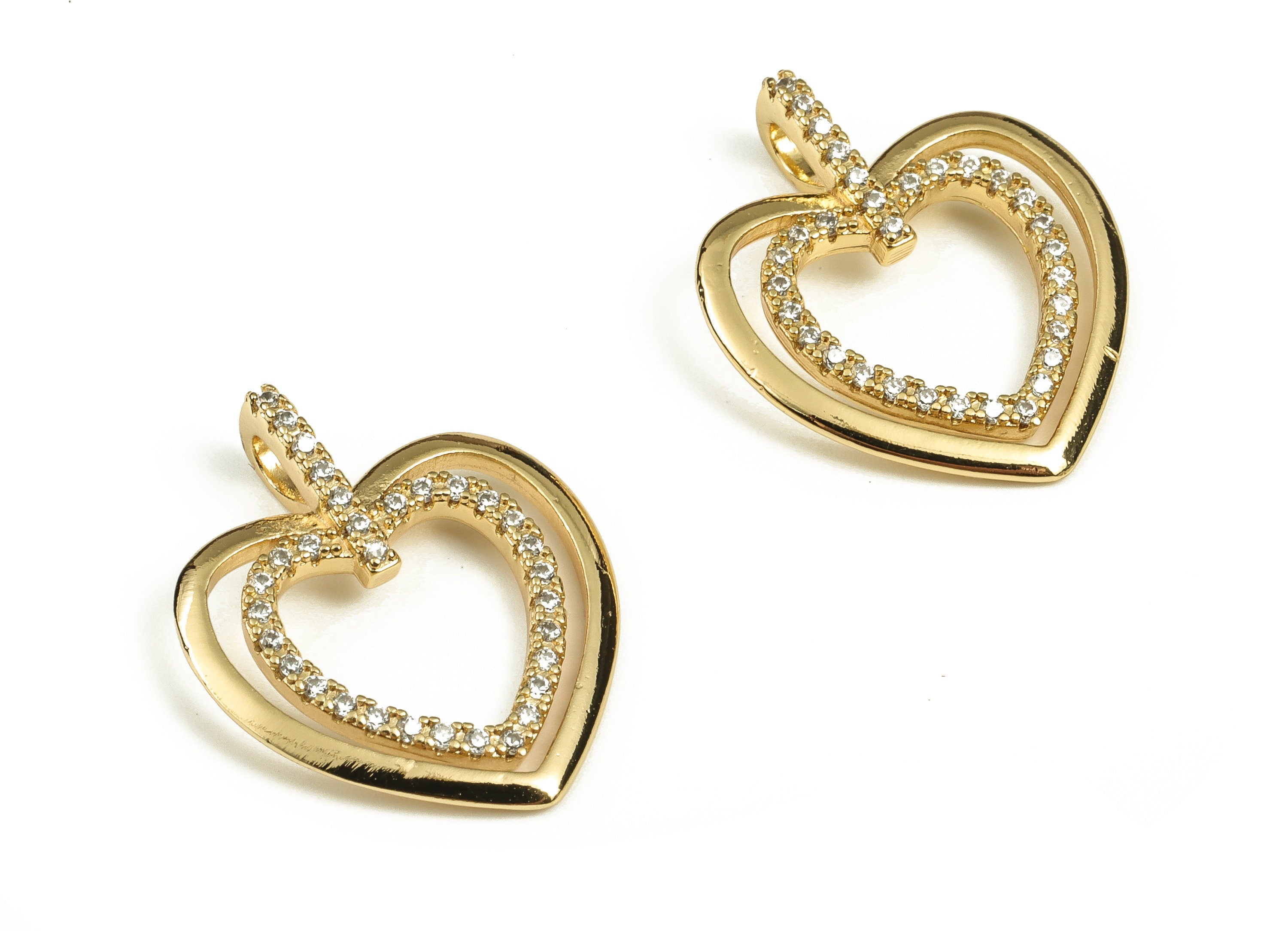Brass Heart Earring Charms With Zircons - Gold Heart Pendant - 18K Real Gold Plated Brass - Jewelry Supplies - 22.98x18.73x5.06mm - RGP3771 - DOMEDBAZAAR