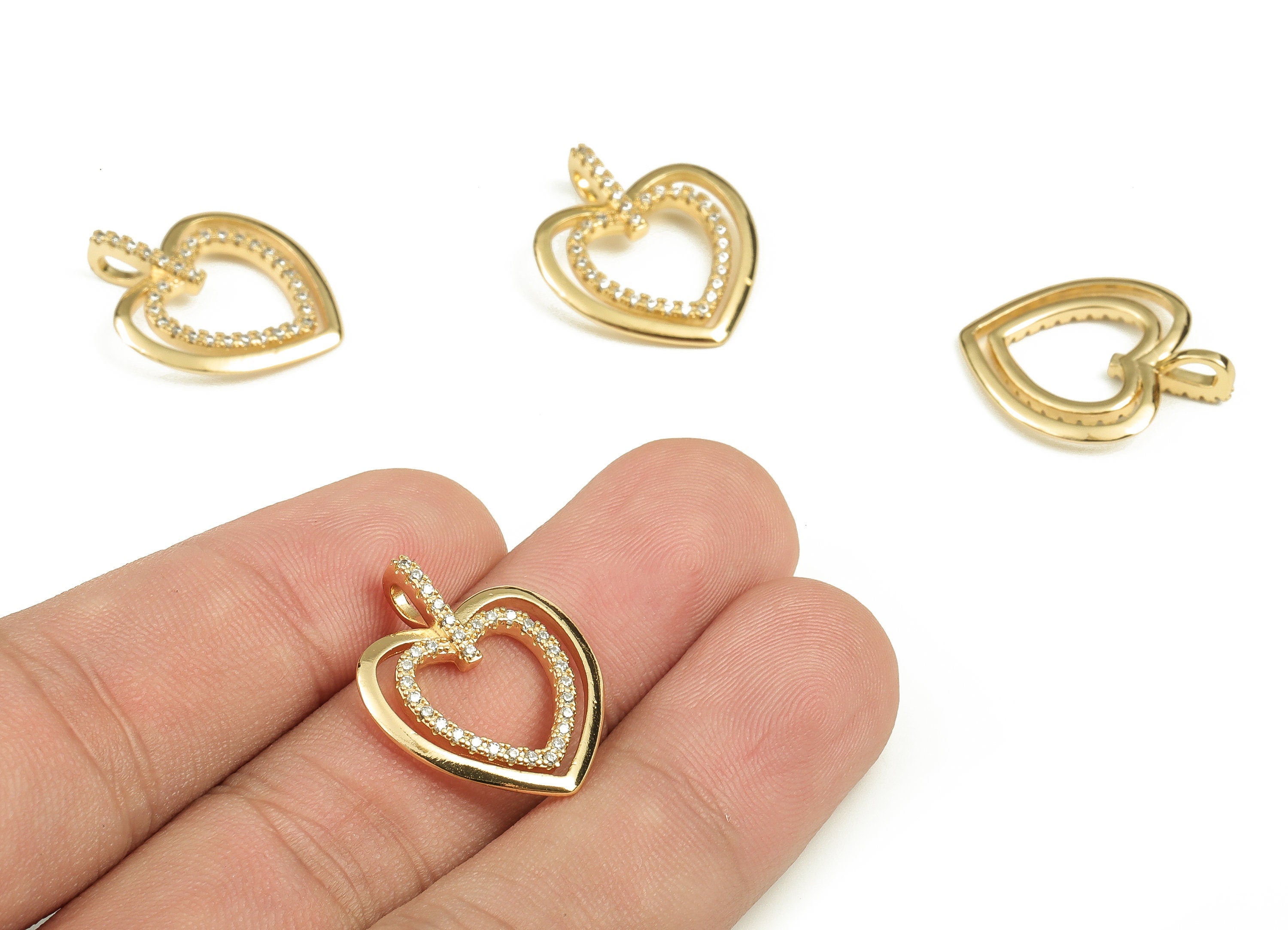 Brass Heart Earring Charms With Zircons - Gold Heart Pendant - 18K Real Gold Plated Brass - Jewelry Supplies - 22.98x18.73x5.06mm - RGP3771 - DOMEDBAZAAR