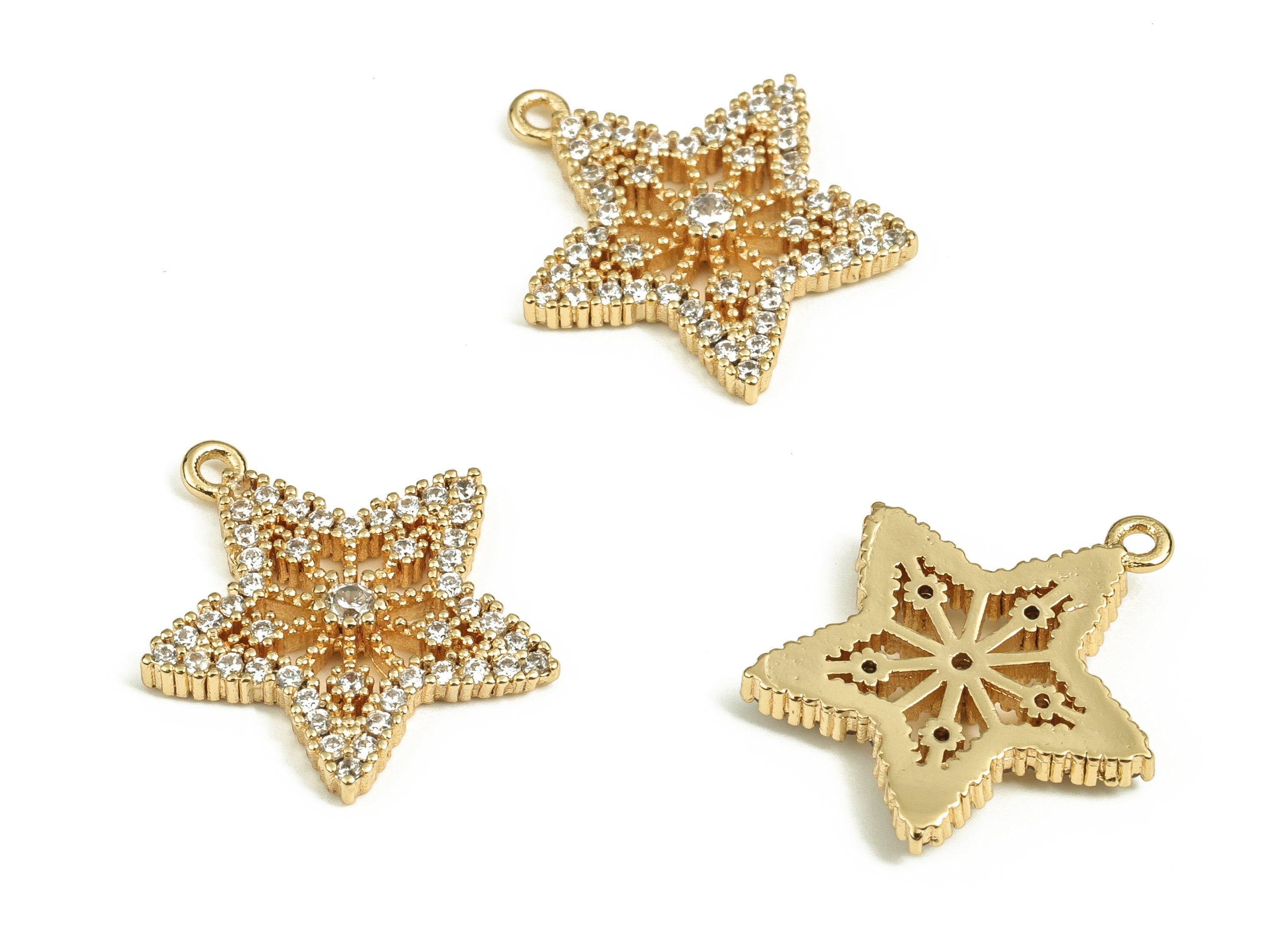 Brass Star Earring Charms With Zircons - Gold Star Pendant  -  18K Real Gold Plated Brass - Jewelry Supplies  -  16.72x15.65x2.38mm- RGP3682 - DOMEDBAZAAR