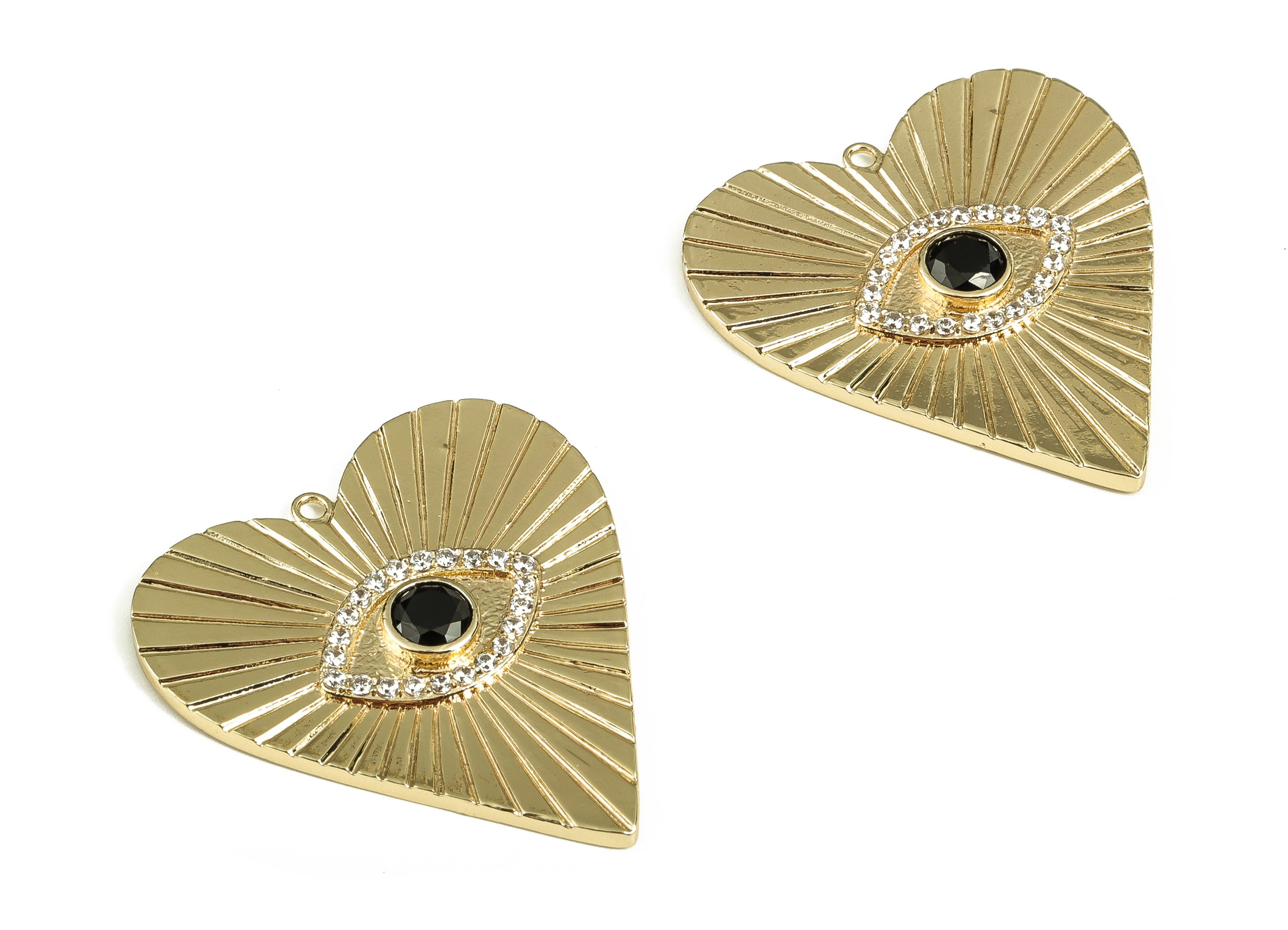 Brass Heart Earring Charms With Zircons - Gold Eye Pendant - 18K Real Gold Plated Brass -  Jewelry Supplies - 35.05x32.24x3.1mm - RGP3541 - DOMEDBAZAAR
