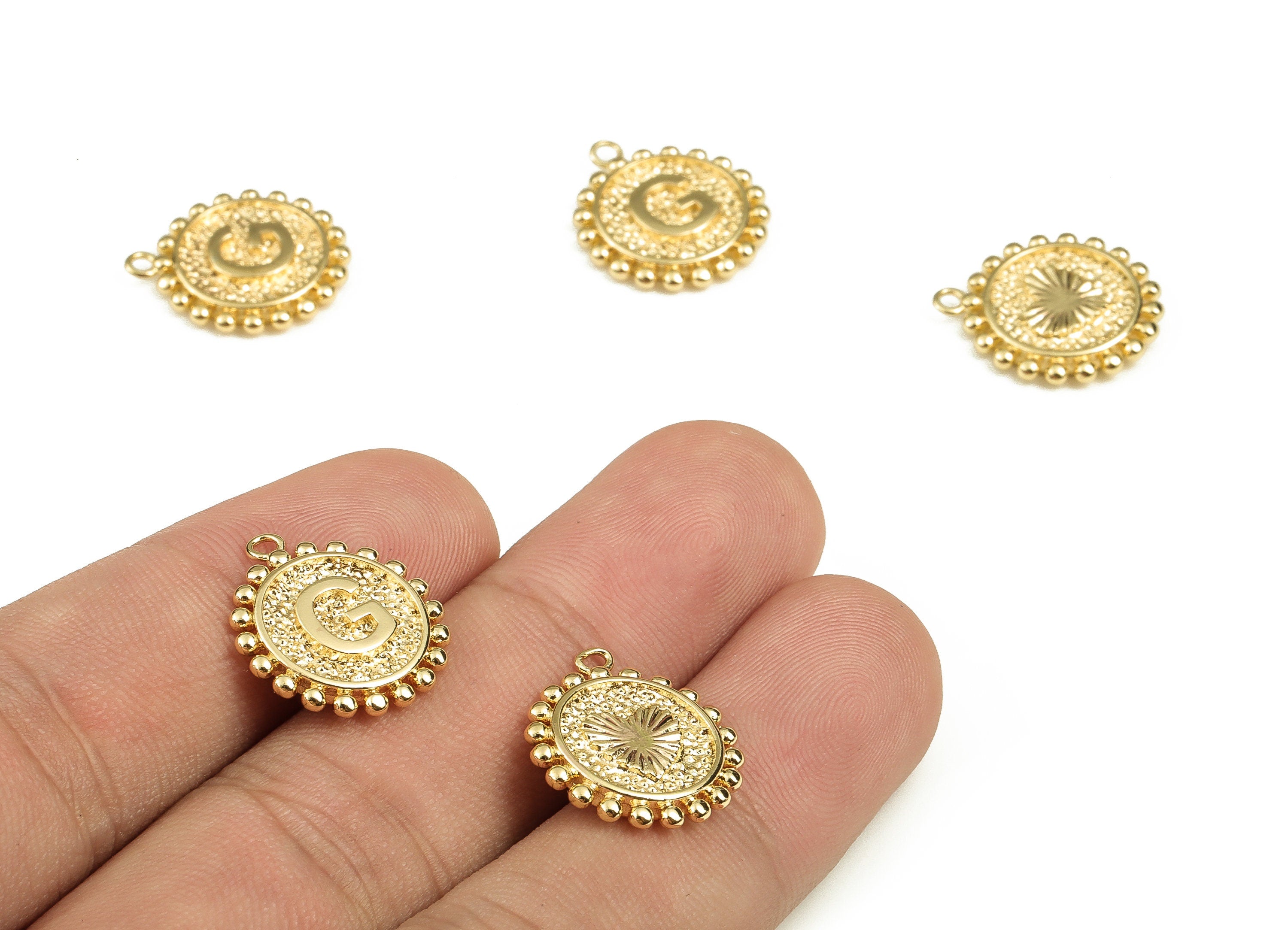 Brass Round Letter G Charms – Initial G Gold Round Pendant – 18K Real Gold Plated Brass – Jewelry Supplies - 18.03x15.69x2.66mm - RGP3774G - DOMEDBAZAAR