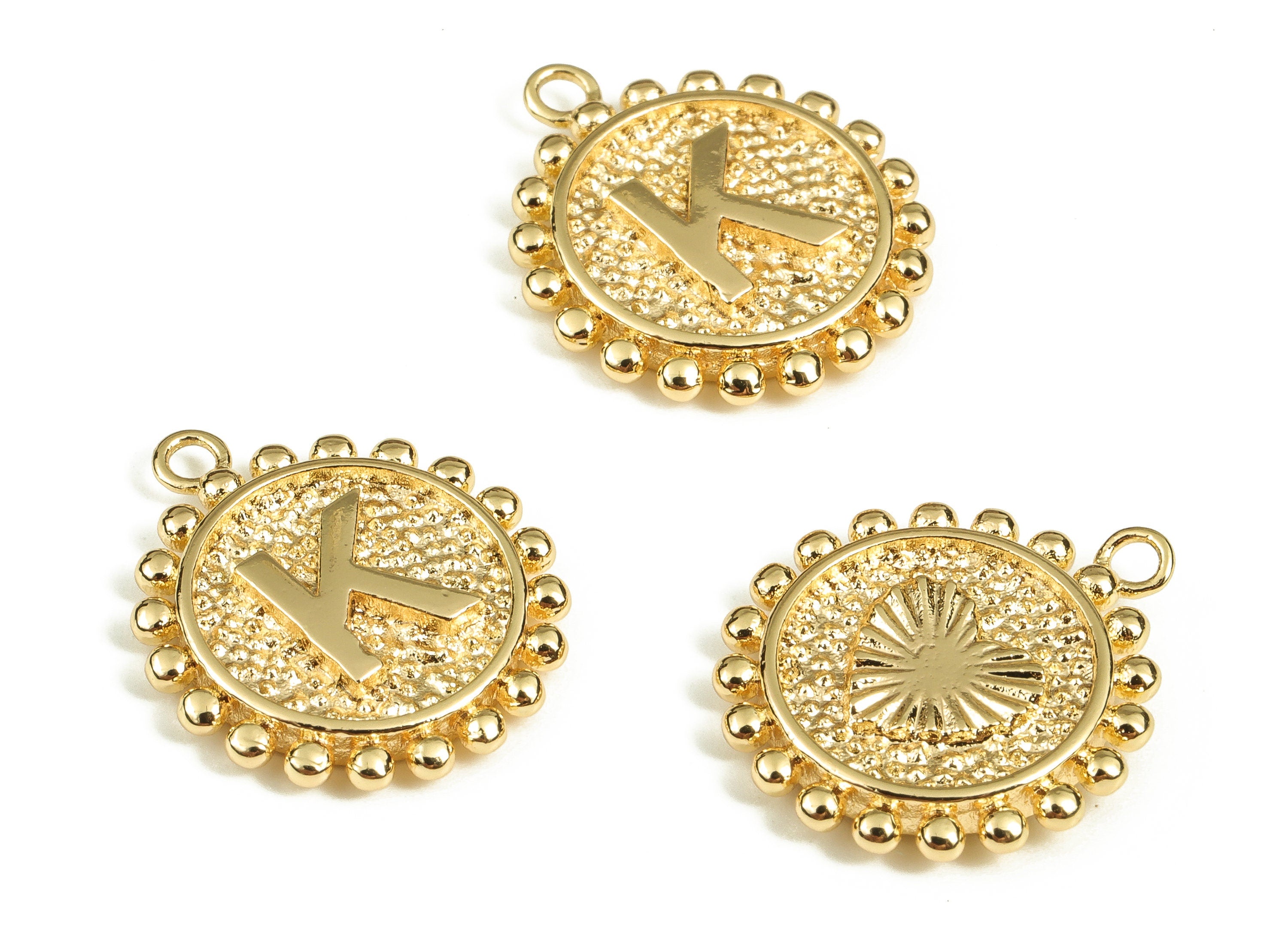 Brass Round Letter K Charms – Initial K Gold Round Pendant – 18K Real Gold Plated Brass – Jewelry Supplies - 18.04x15.83x2.58mm - RGP3774K - DOMEDBAZAAR