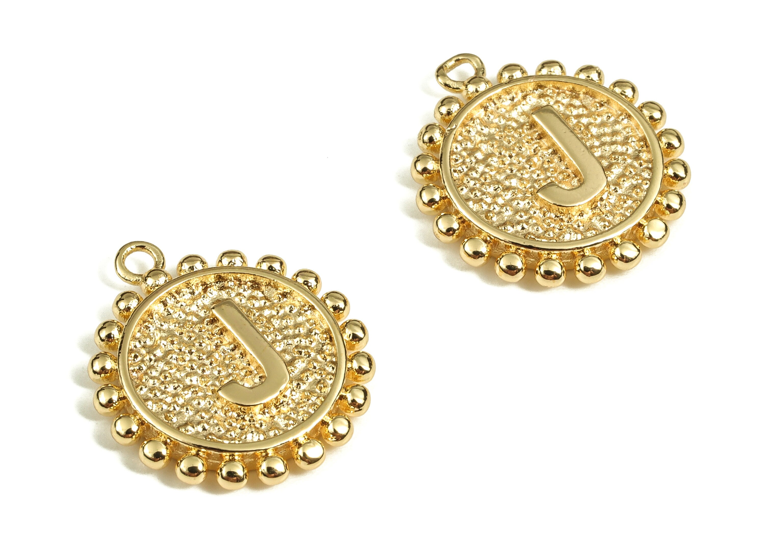 Brass Round Letter J Charms – Initial J Gold Round Pendant – 18K Real Gold Plated Brass – Jewelry Supplies - 17.56x15.75x2.59mm - RGP3774J - DOMEDBAZAAR