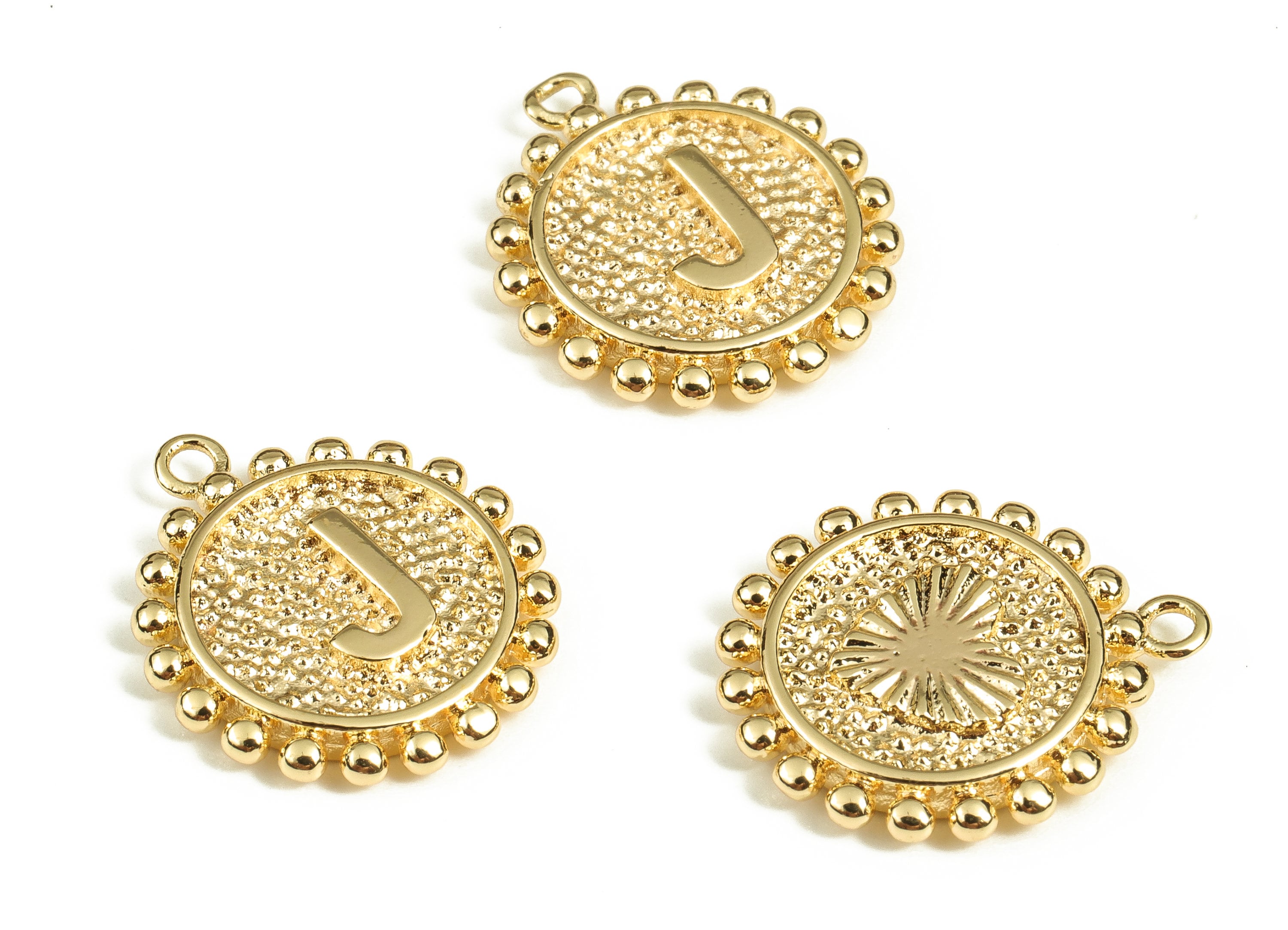 Brass Round Letter J Charms – Initial J Gold Round Pendant – 18K Real Gold Plated Brass – Jewelry Supplies - 17.56x15.75x2.59mm - RGP3774J - DOMEDBAZAAR