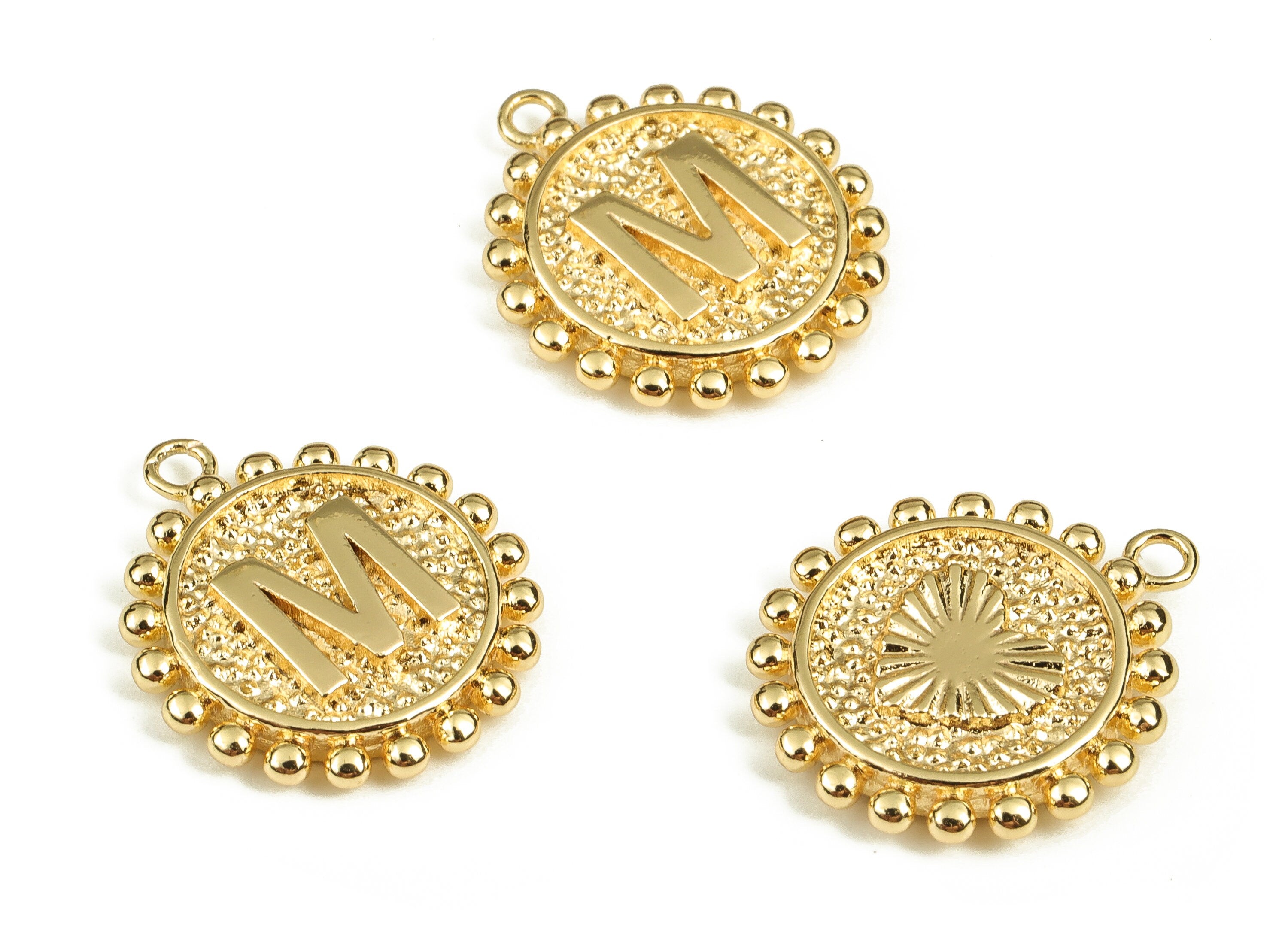 Brass Round Letter M Charms – Initial M Gold Round Pendant – 18K Real Gold Plated Brass – Jewelry Supplies - 18.05x15.5x2.68mm - RGP3774M - DOMEDBAZAAR