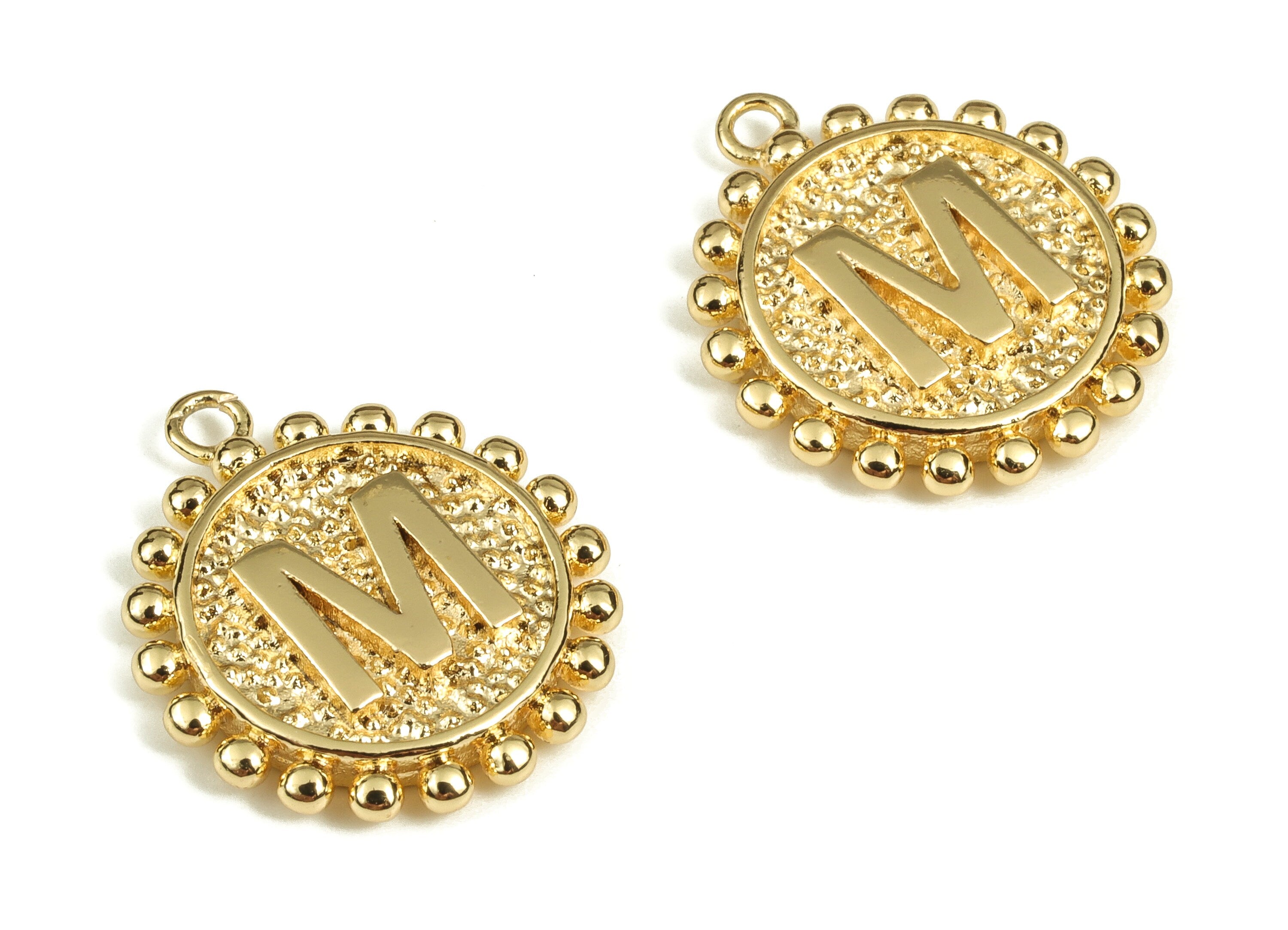 Brass Round Letter M Charms – Initial M Gold Round Pendant – 18K Real Gold Plated Brass – Jewelry Supplies - 18.05x15.5x2.68mm - RGP3774M - DOMEDBAZAAR