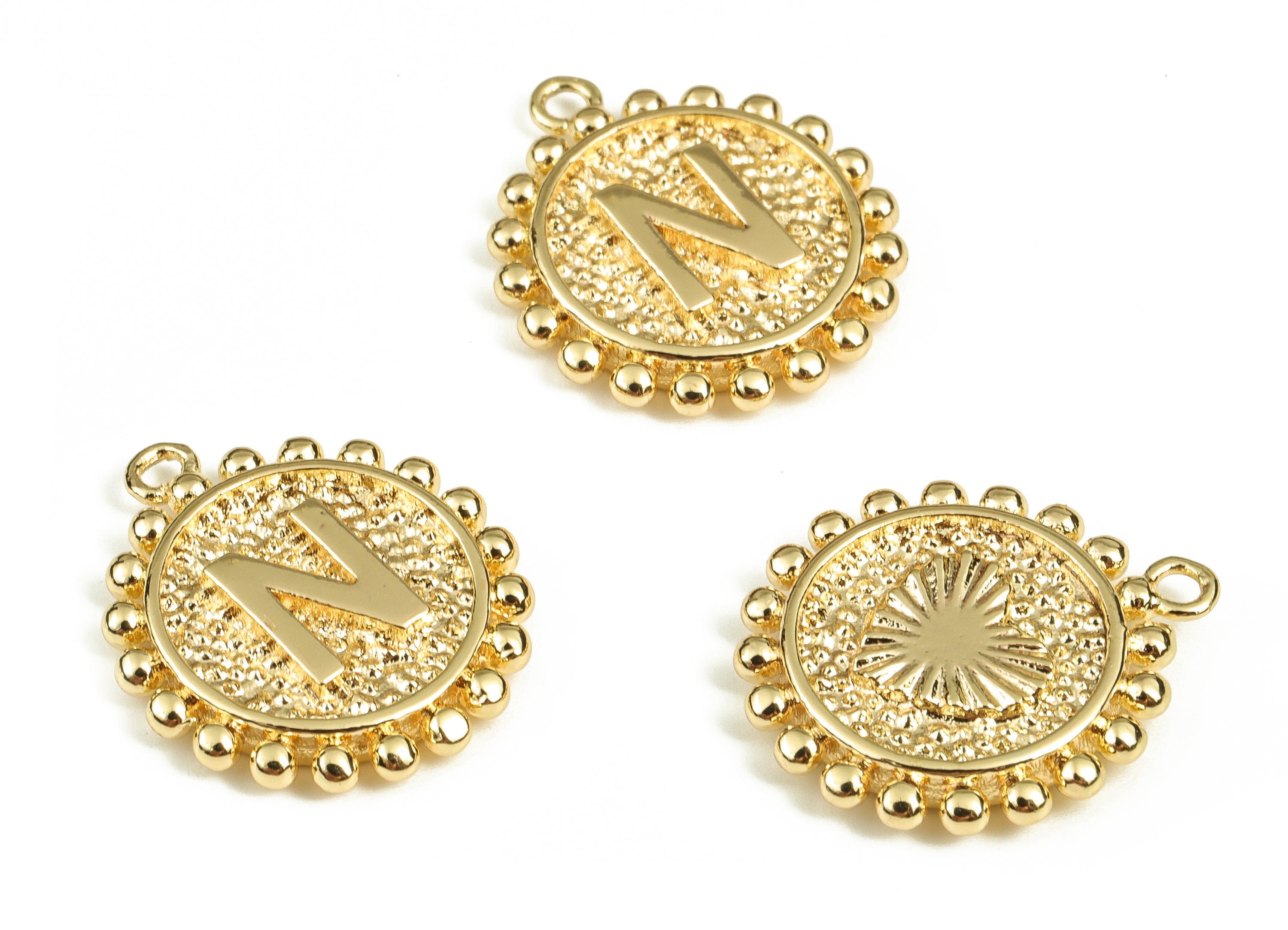 Brass Round Letter N Charms – Initial N Gold Round Pendant – 18K Real Gold Plated Brass – Jewelry Supplies - 18.03x15.52x2.64mm - RGP3774N - DOMEDBAZAAR