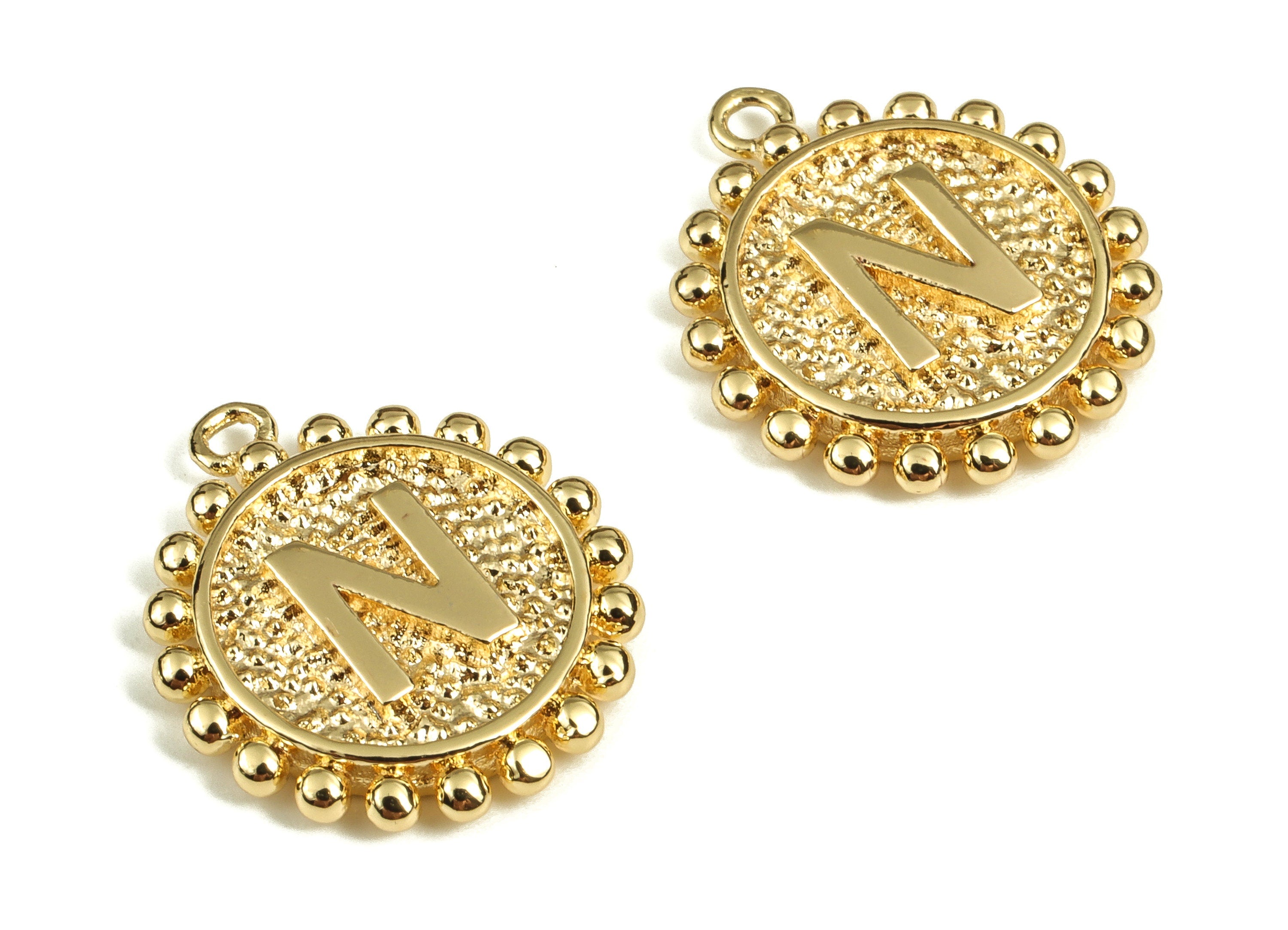 Brass Round Letter N Charms – Initial N Gold Round Pendant – 18K Real Gold Plated Brass – Jewelry Supplies - 18.03x15.52x2.64mm - RGP3774N - DOMEDBAZAAR