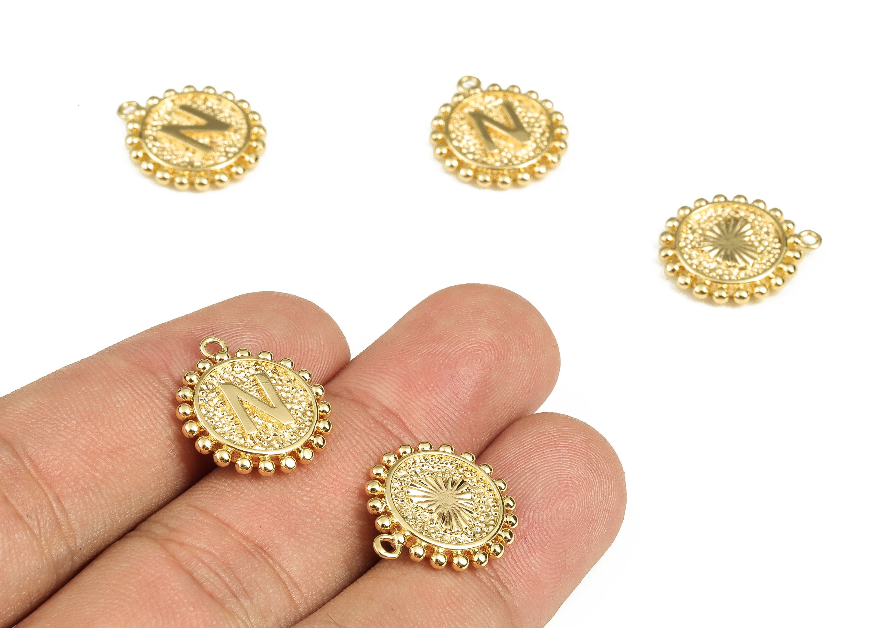 Brass Round Letter N Charms – Initial N Gold Round Pendant – 18K Real Gold Plated Brass – Jewelry Supplies - 18.03x15.52x2.64mm - RGP3774N - DOMEDBAZAAR