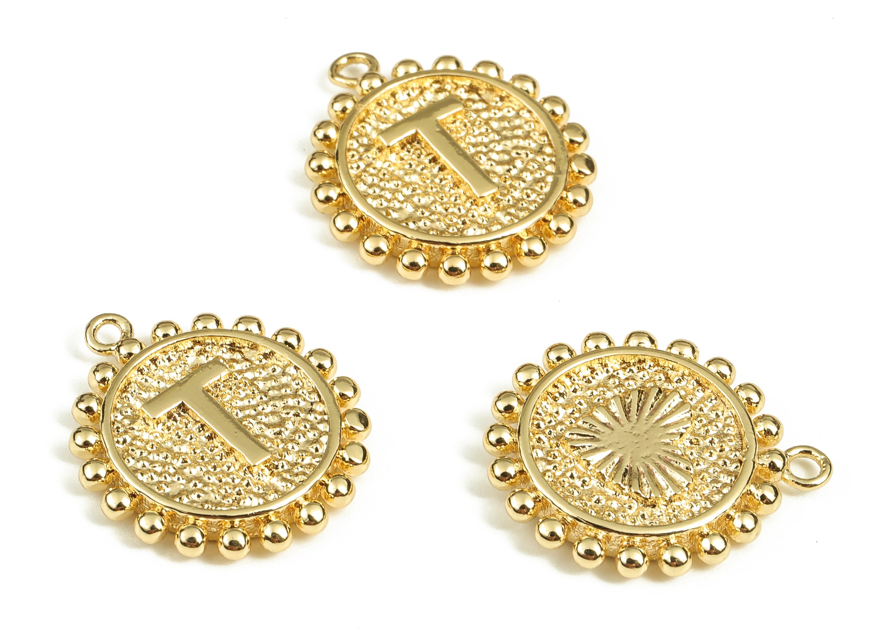 Brass Round Letter T Charms – Initial T Gold Round Pendant – 18K Real Gold Plated Brass – Jewelry Supplies - 18.06x15.61x2.58mm - RGP3774T - DOMEDBAZAAR