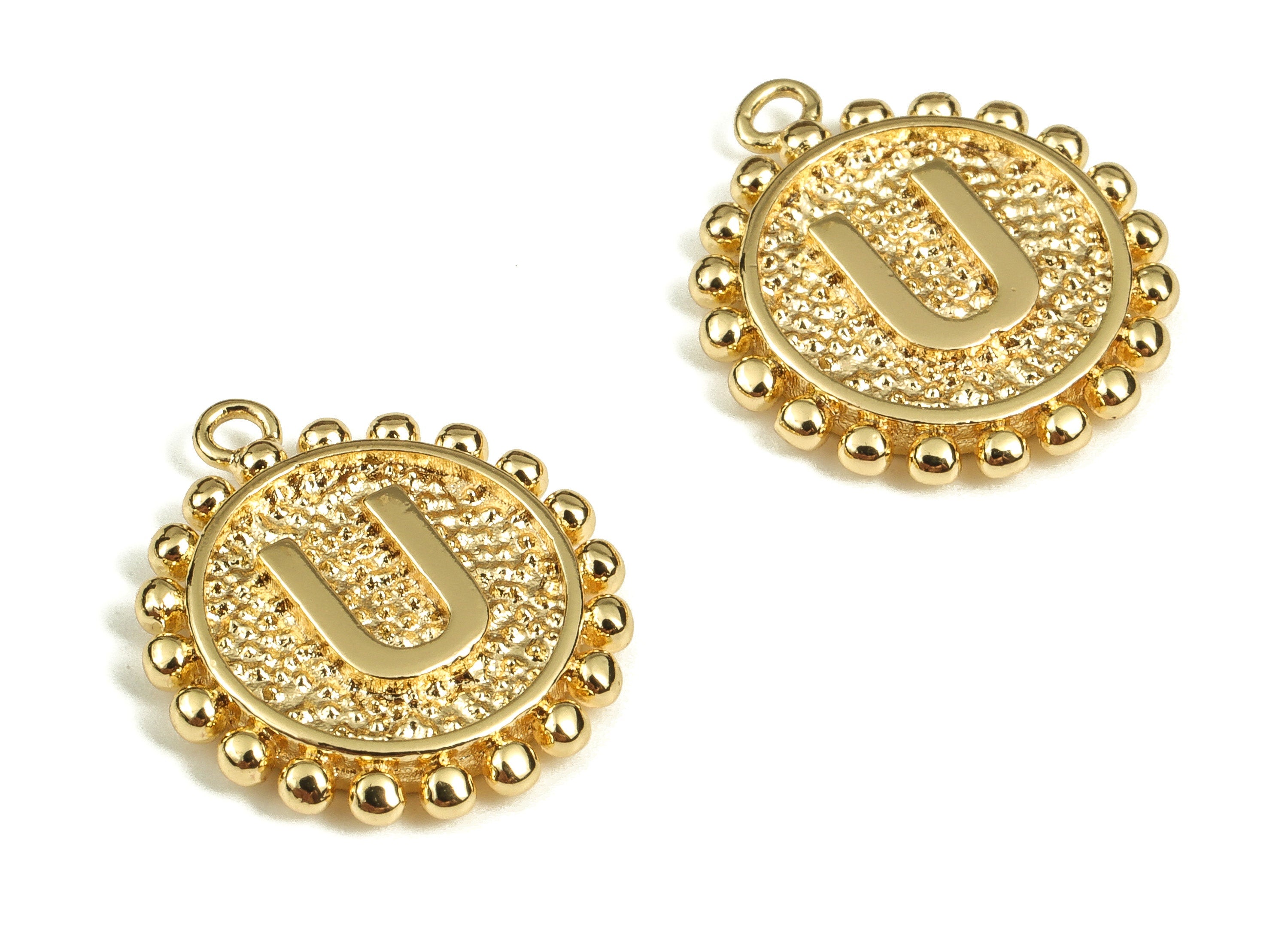 Brass Round Letter U Charms – Initial U Gold Round Pendant – 18K Real Gold Plated Brass – Jewelry Supplies - 17.8x15.6x2.54mm - RGP3774U - DOMEDBAZAAR