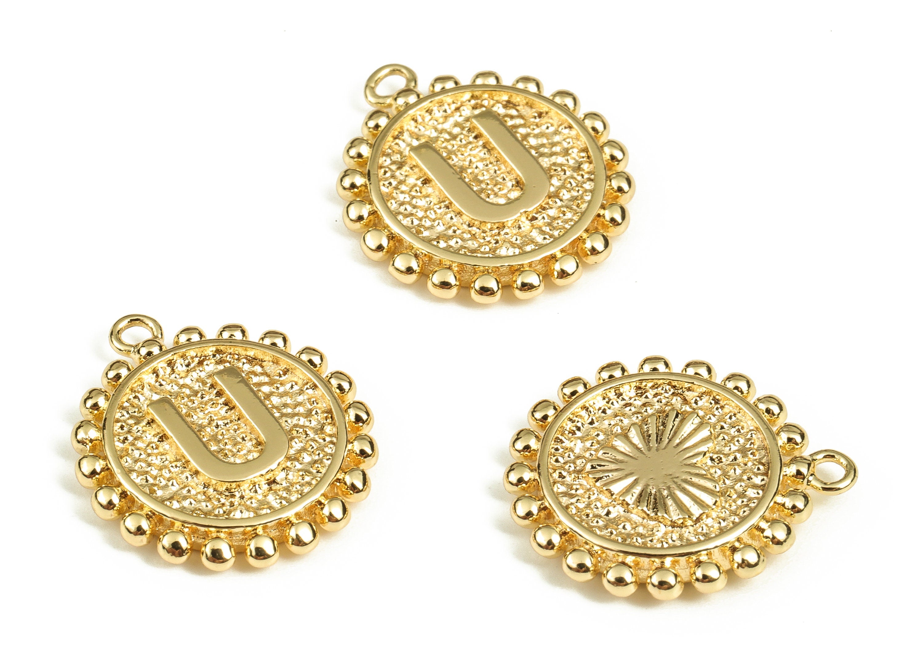 Brass Round Letter U Charms – Initial U Gold Round Pendant – 18K Real Gold Plated Brass – Jewelry Supplies - 17.8x15.6x2.54mm - RGP3774U - DOMEDBAZAAR