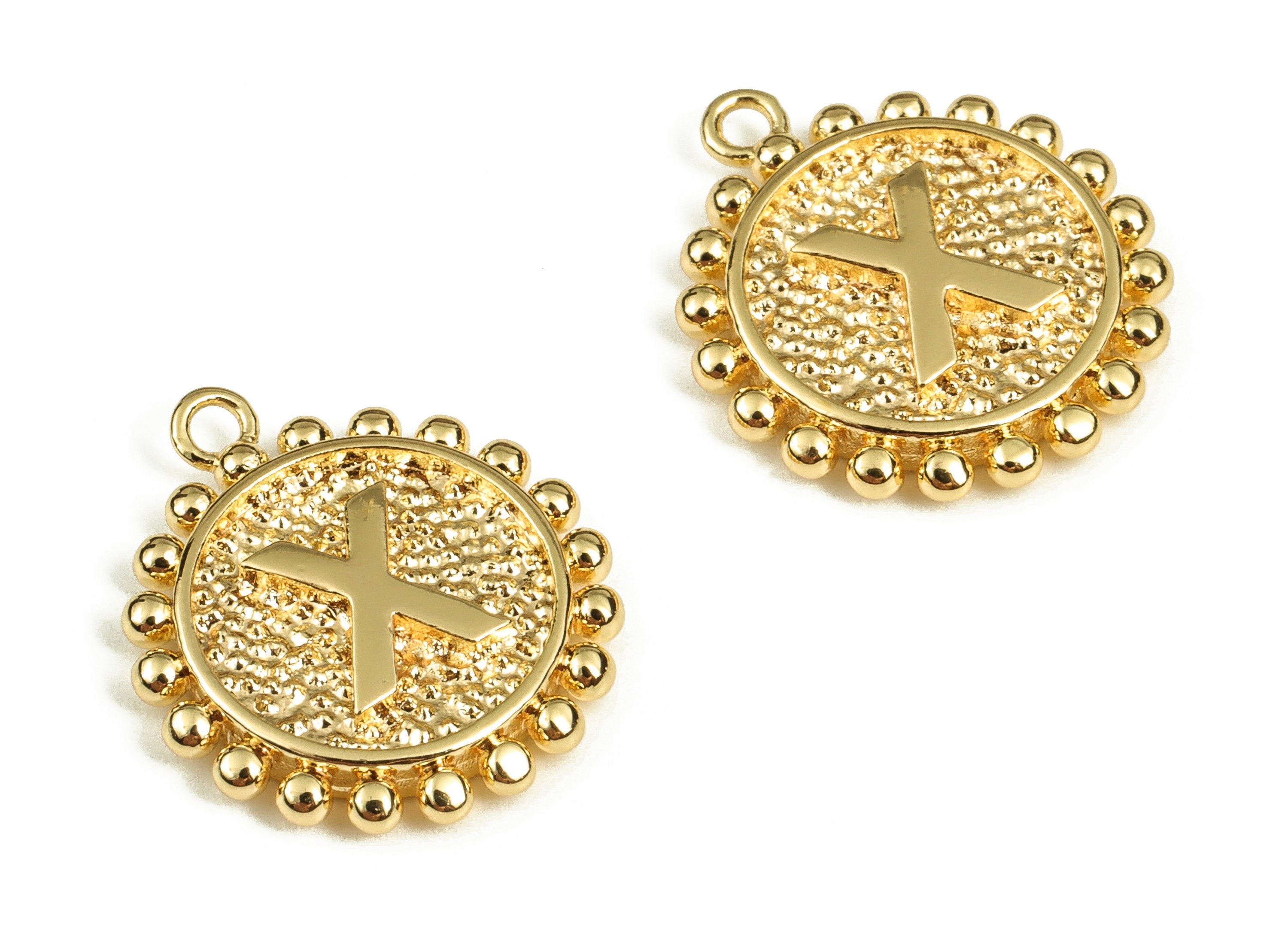Brass Round Letter X Charms – Initial X Gold Round Pendant – 18K Real Gold Plated Brass – Jewelry Supplies - 18.11x15.71x2.72mm - RGP3774X - DOMEDBAZAAR