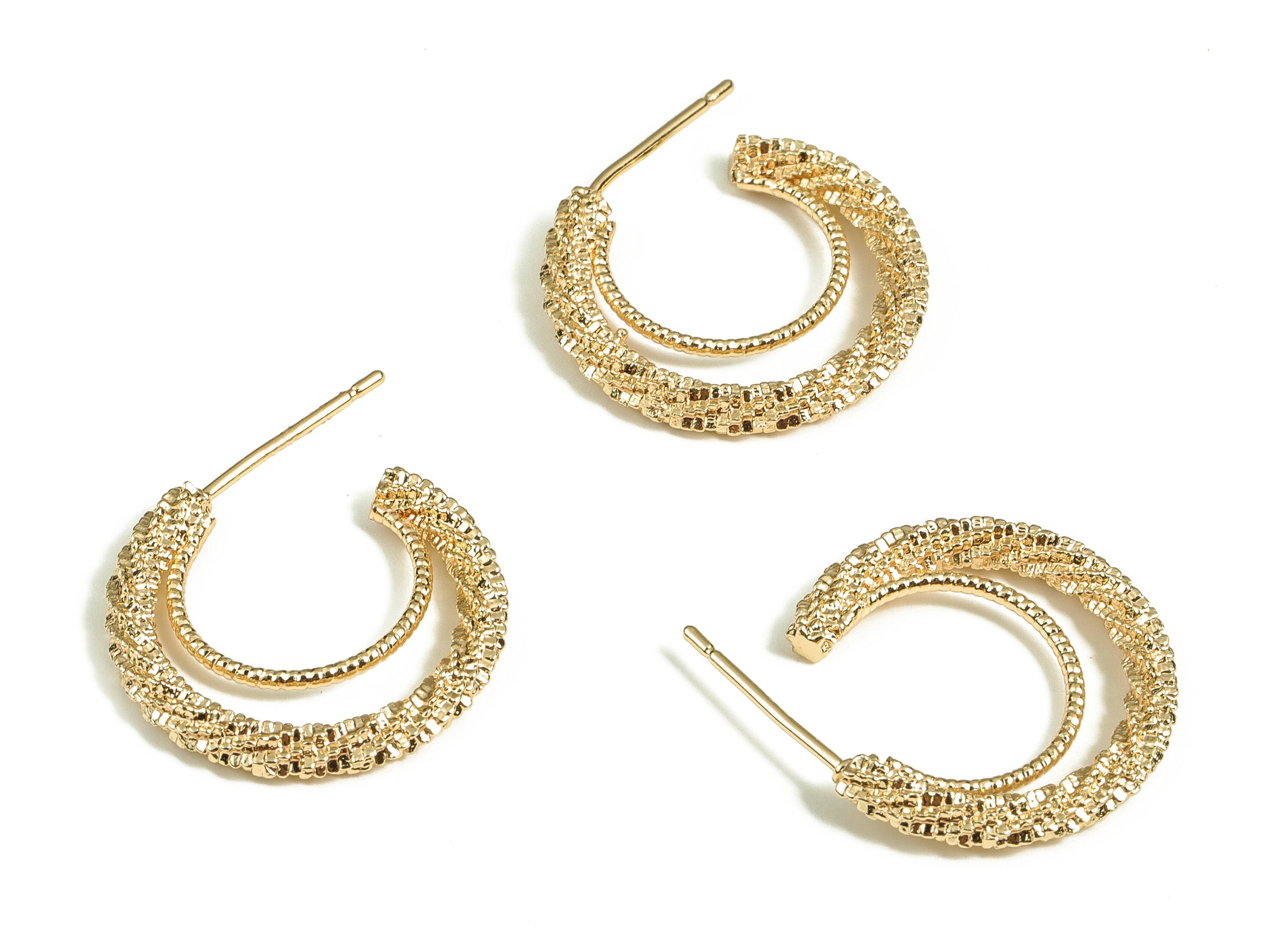 Brass Texture C Earring Post - Gold C Earring Stud - 18K Real Gold Plated Brass - Brass Stud - Jewelry Supplies - 20.14x18.1x2.7mm - RGP3797 - DOMEDBAZAAR
