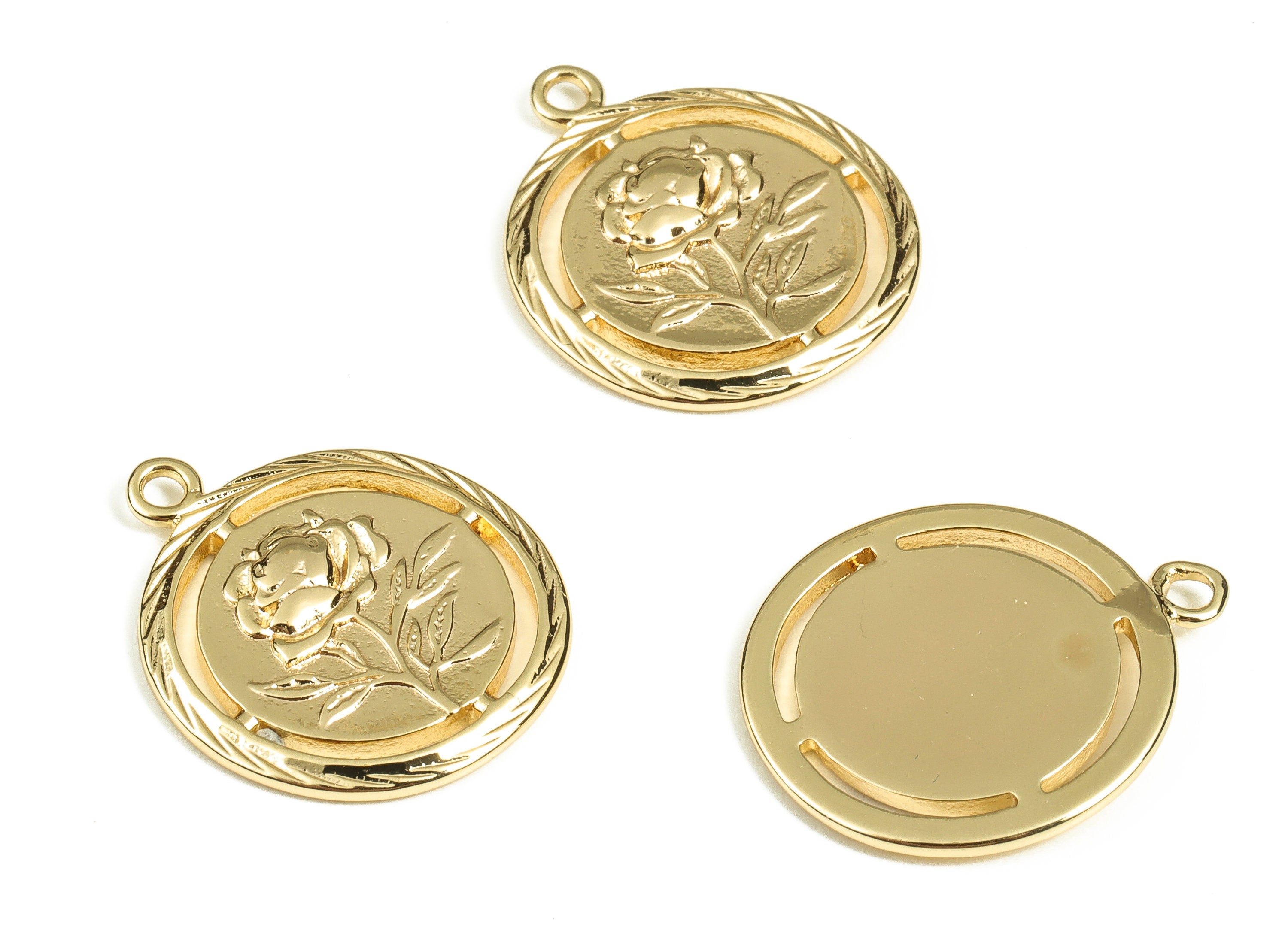 Brass Round Earring Charms - Gold Rose Flower Pendant - 18K Real Gold Plated Brass - Jewelry Making Supplies - 22.18x18.7x1.74mm - RGP3798 - DOMEDBAZAAR