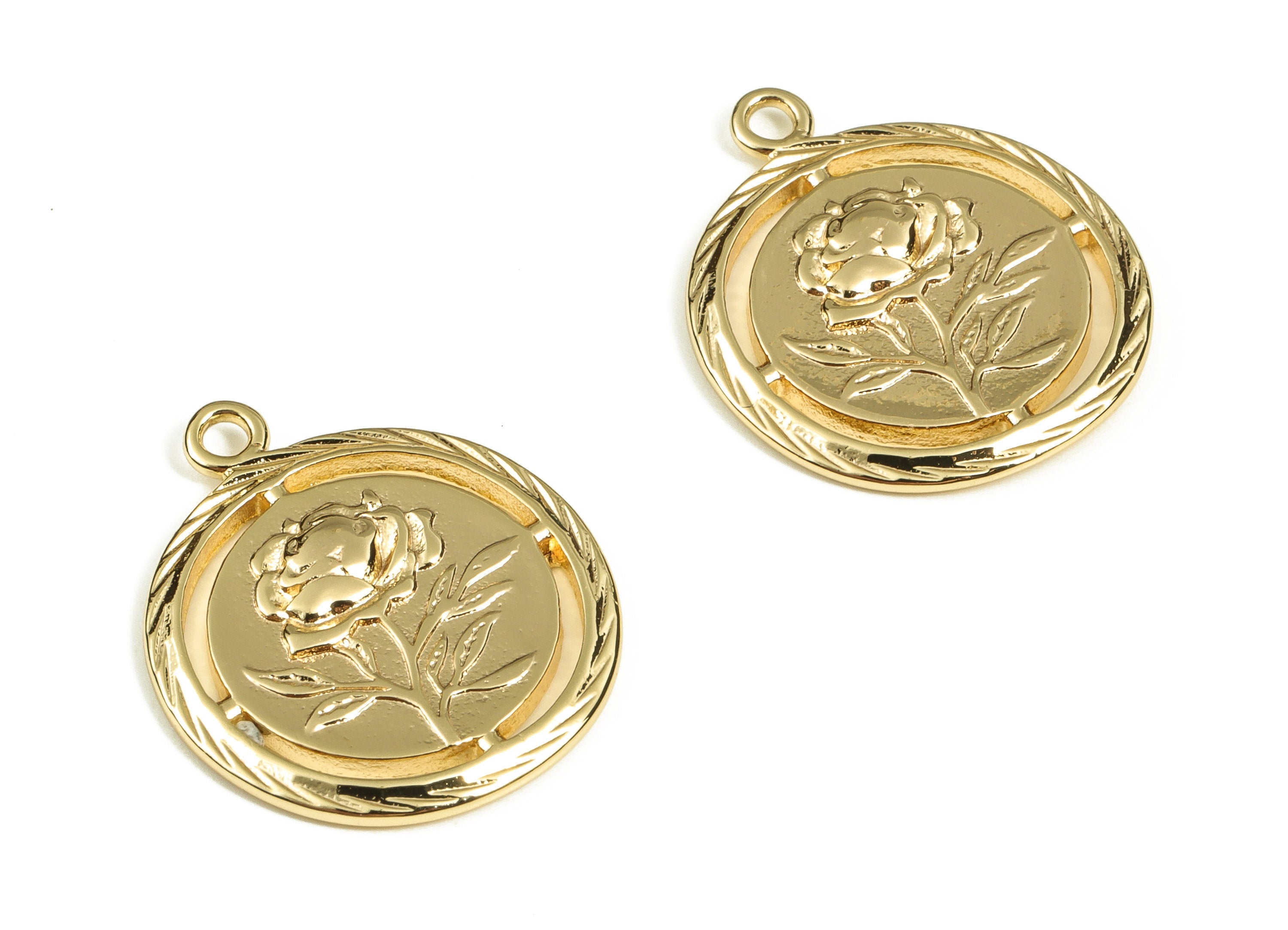 Brass Round Earring Charms - Gold Rose Flower Pendant - 18K Real Gold Plated Brass - Jewelry Making Supplies - 22.18x18.7x1.74mm - RGP3798 - DOMEDBAZAAR