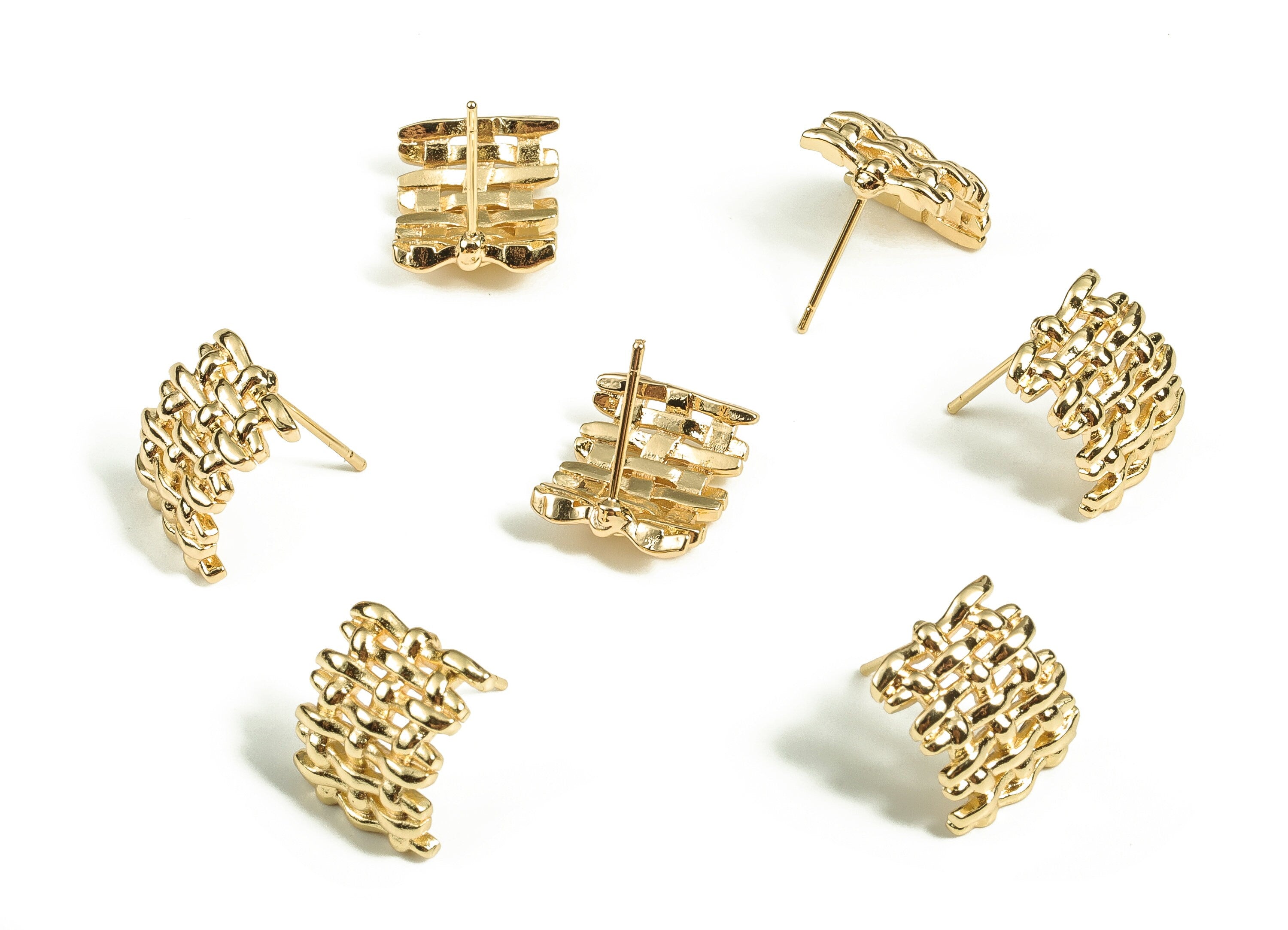 Brass Grid Earring Post - Gold Grid Earring Stud - 18K Real Gold Plated Brass - Stainless Steel Stud - 14.57x11.81x2.9mm - RGP3809 - DOMEDBAZAAR