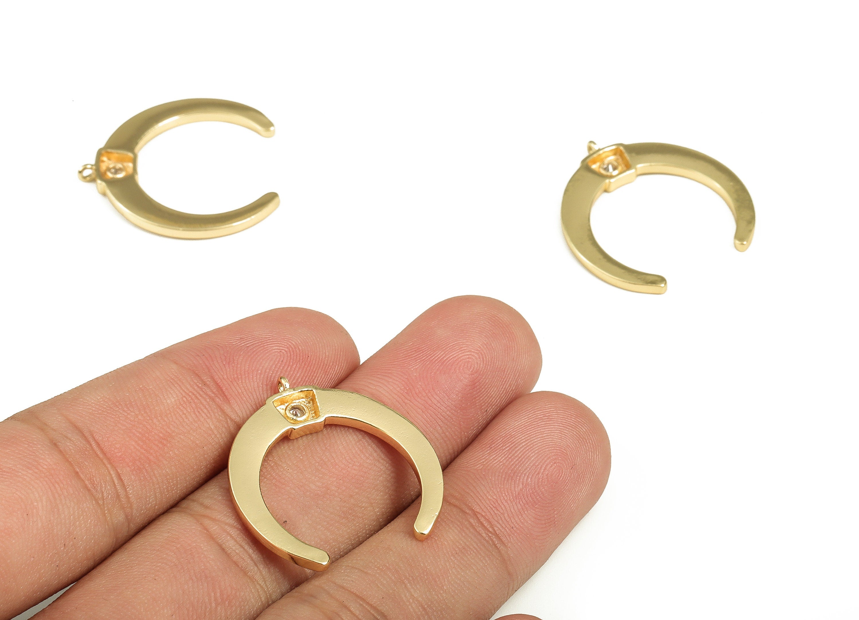 Brass Crescent Earring Charms With Zircon - Gold Moon Pendant - 18K Real Gold Plated Brass - Jewelry Supplies - 26.86x25.45x2.45mm - RGP3878 - DOMEDBAZAAR