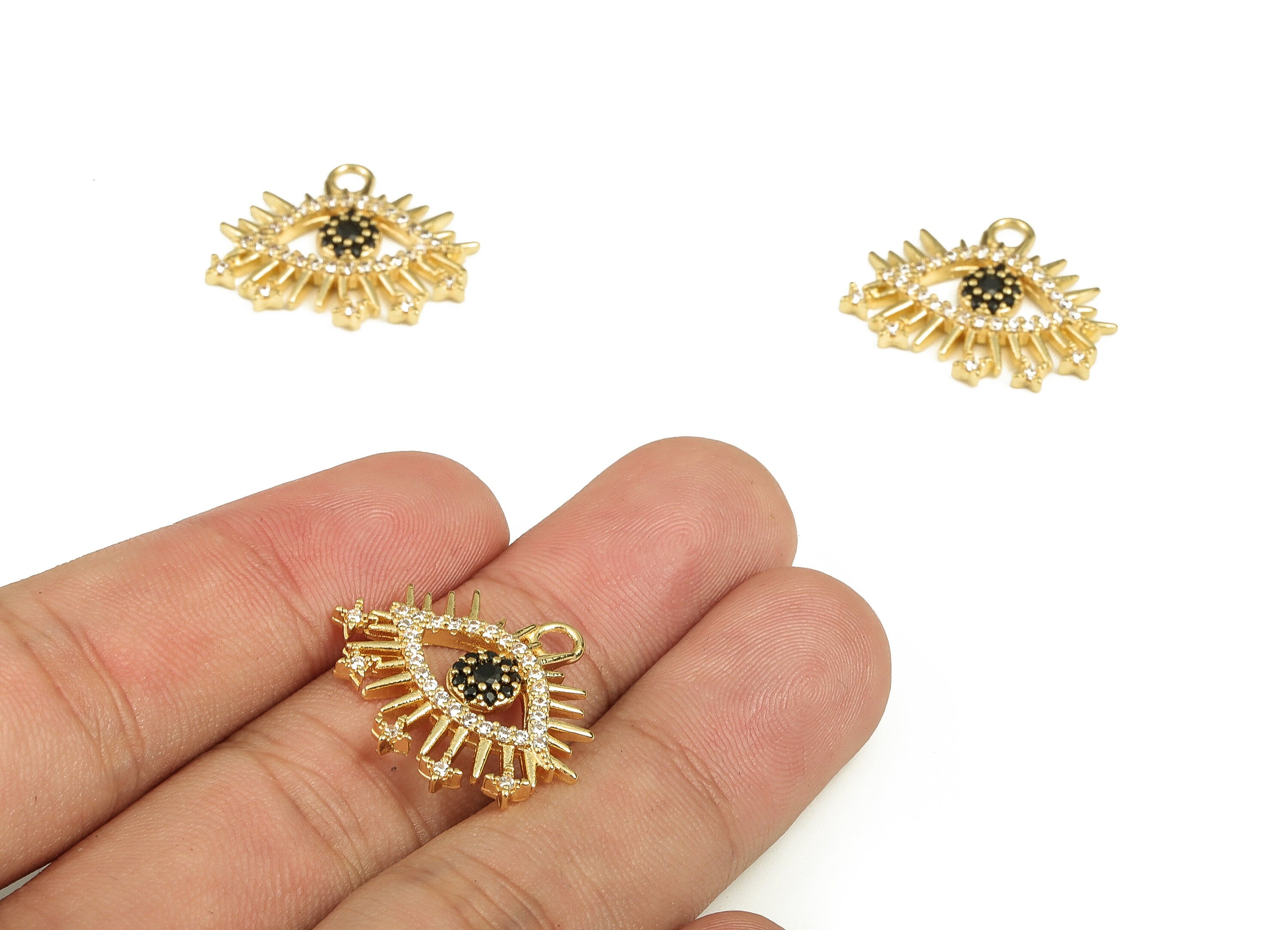 Brass Eye Earring Charms With Zircons - Gold Eye Pendant - 18K Real Gold Plated Brass - Jewelry Making Supplies - 20.23x22.8x2.6mm - RGP3874 - DOMEDBAZAAR