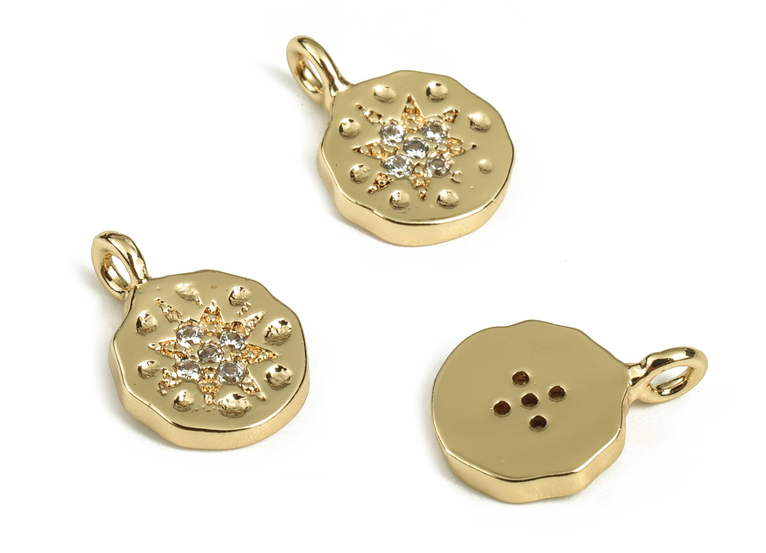 Brass Round Earring Charms With Zircons - Gold Star Pendant - 18K Real Gold Plated Brass - Jewelry Supplies - 11.13x7.72x1.63mm - RGP3869 - DOMEDBAZAAR