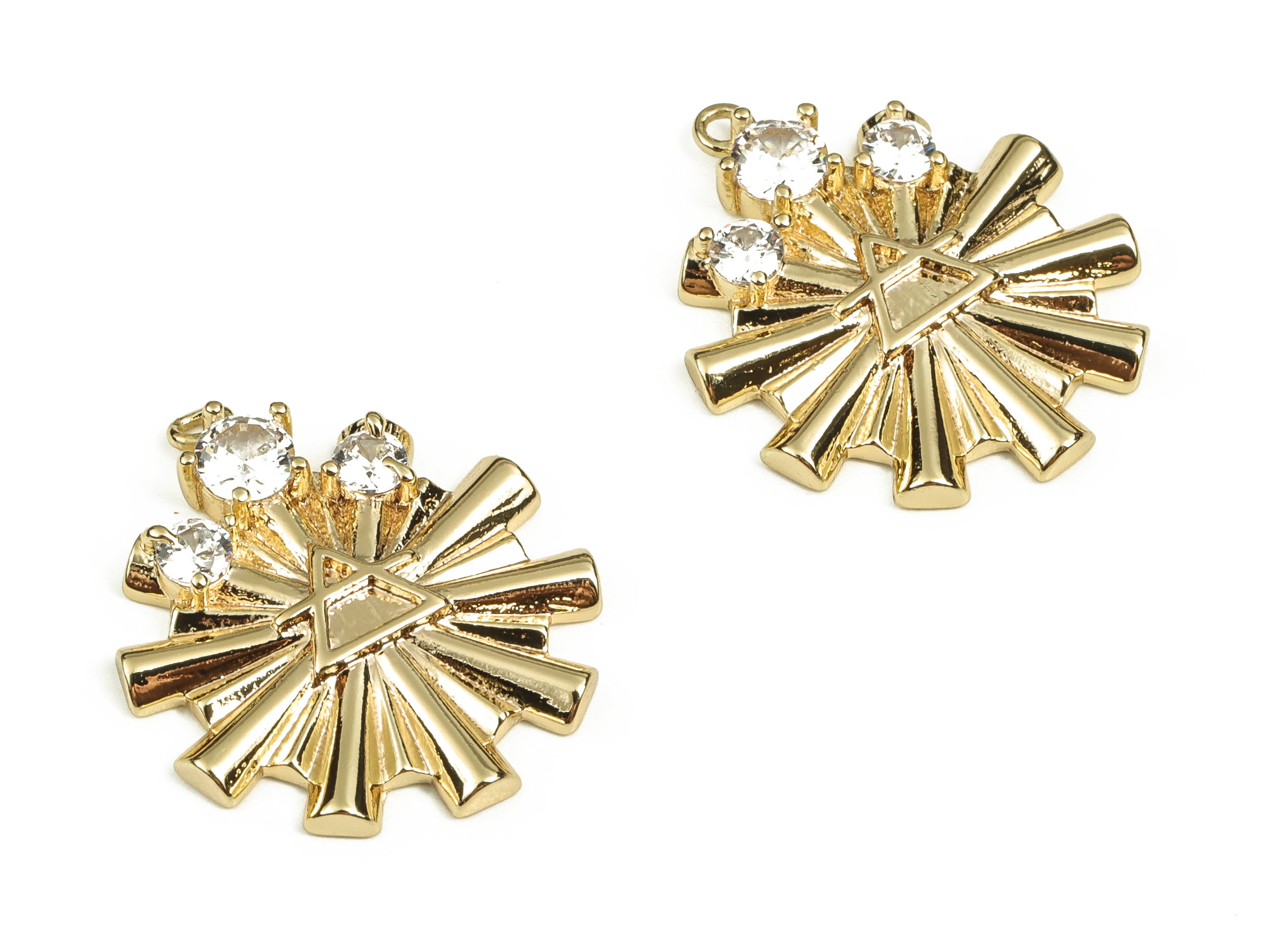 Brass Sun Triangle Earring Charms With Zircons - Gold Sun Triangle Pendant - 18K Real Gold Plated Brass - 19x18.68x3.27mm - RGP3876 - DOMEDBAZAAR