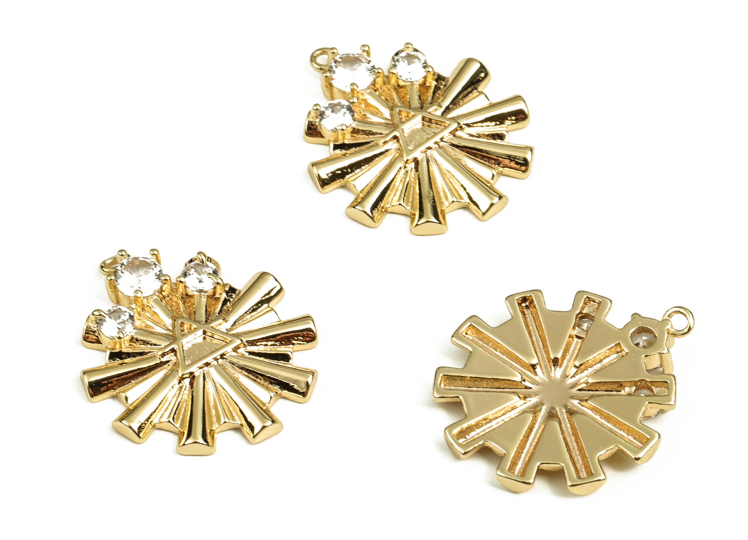Brass Sun Triangle Earring Charms With Zircons - Gold Sun Triangle Pendant - 18K Real Gold Plated Brass - 19x18.68x3.27mm - RGP3876 - DOMEDBAZAAR