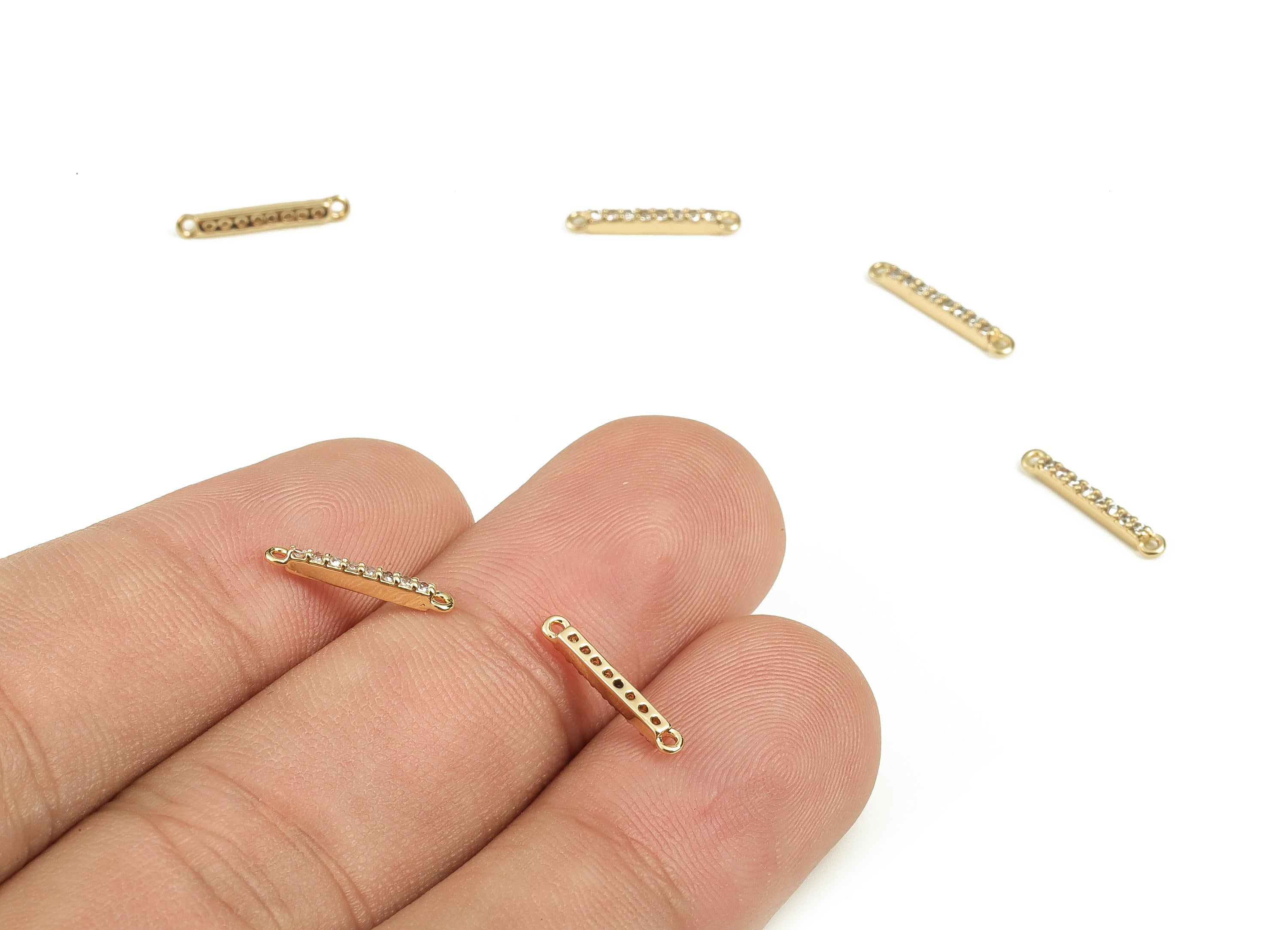 Brass Strip Earring Connector With Zircons - Gold Strip Pendant - 18K Real Gold Plated Brass - Jewelry Supplies - 12.94x1.98x1.4mm - RGP3888 - DOMEDBAZAAR