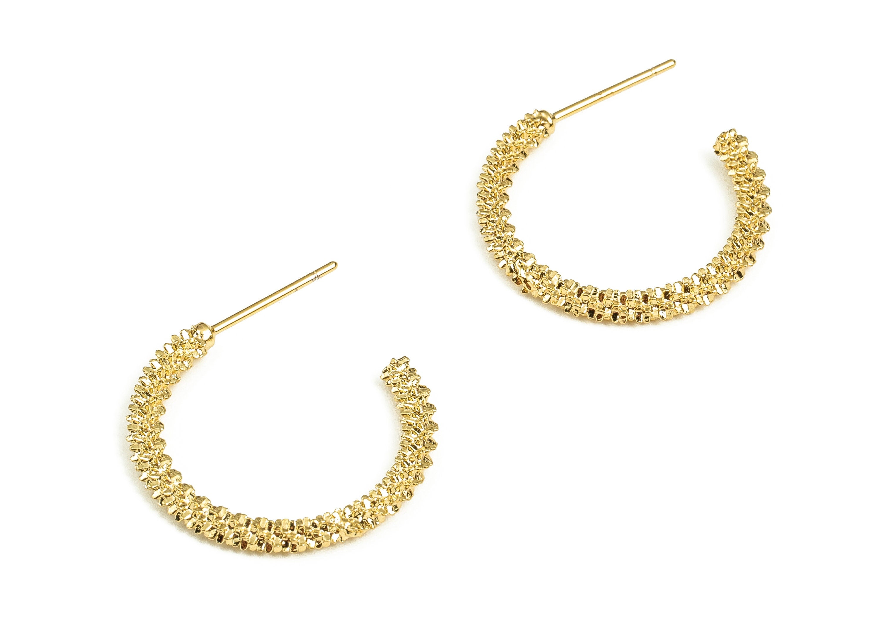 Brass Texture C Earring Post - Gold C Earring Stud - 18K Real Gold Plated Brass - Stainless Steel Stud - 21.81x20.62x2.68mm - RGP3877 - DOMEDBAZAAR
