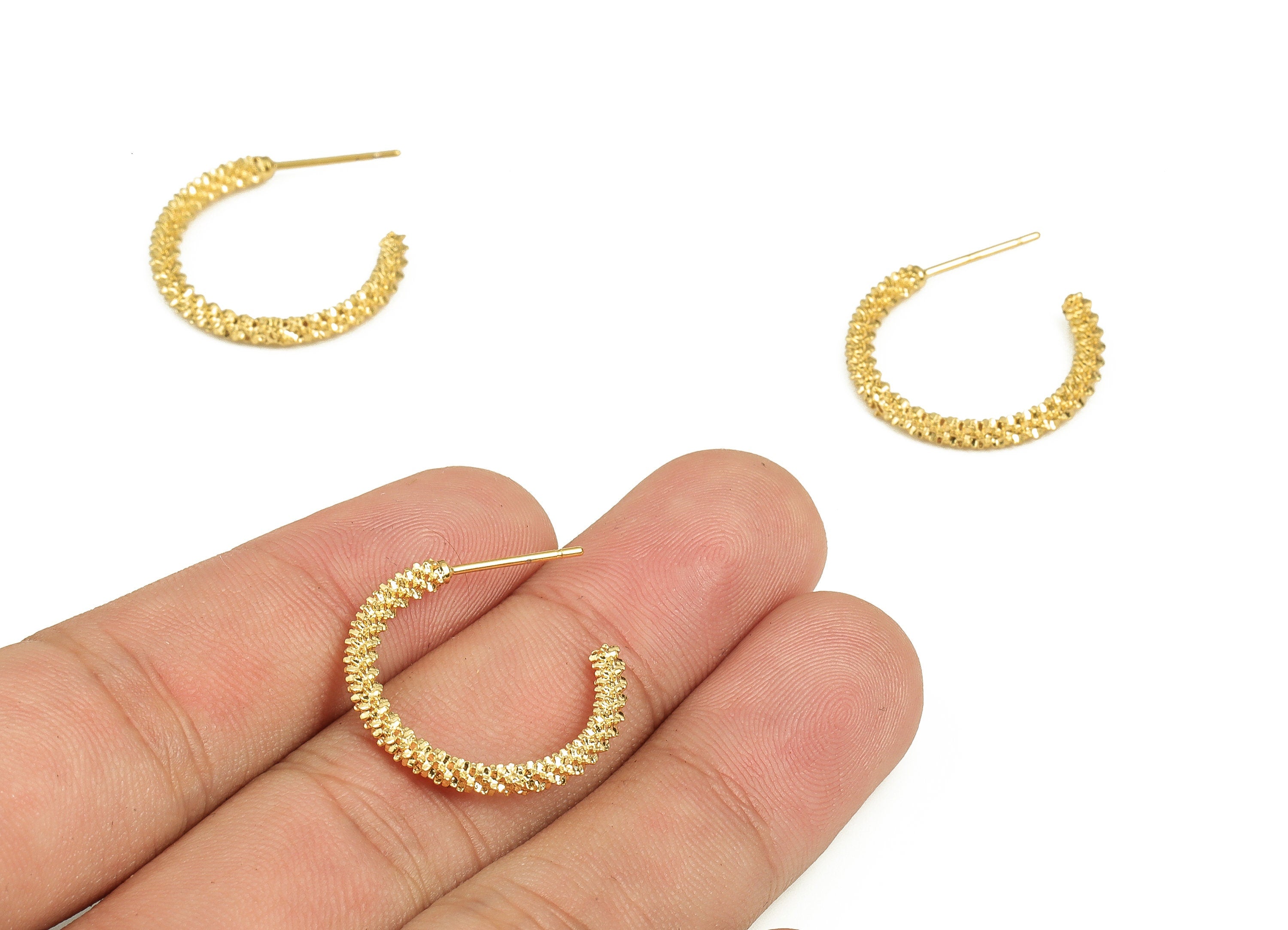 Brass Texture C Earring Post - Gold C Earring Stud - 18K Real Gold Plated Brass - Stainless Steel Stud - 21.81x20.62x2.68mm - RGP3877 - DOMEDBAZAAR