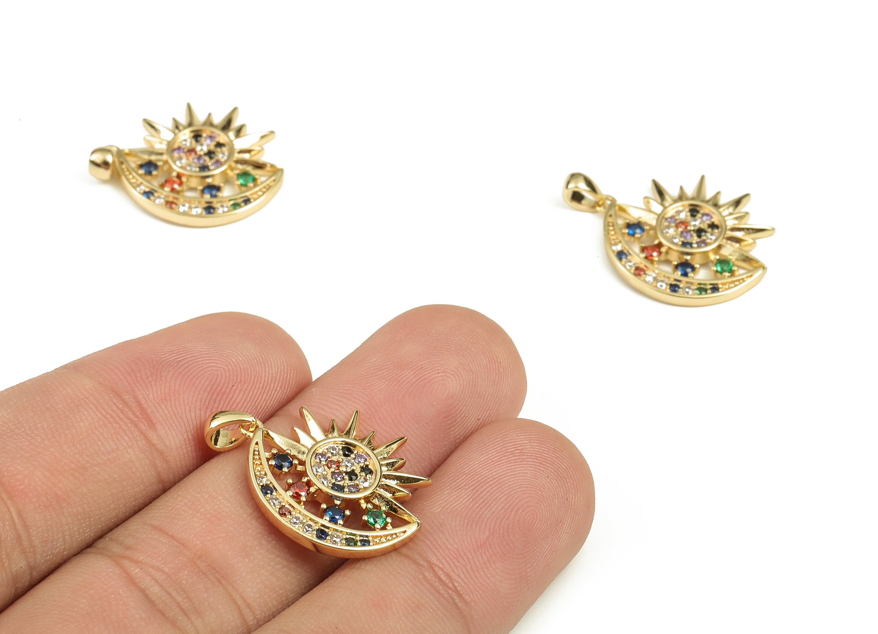 Brass Crescent Earring Charms With Zircons - Gold Sun Pendant - 18K Real Gold Plated Brass - Jewelry Supplies - 24.57x19.13x2.5mm - RGP3887 - DOMEDBAZAAR