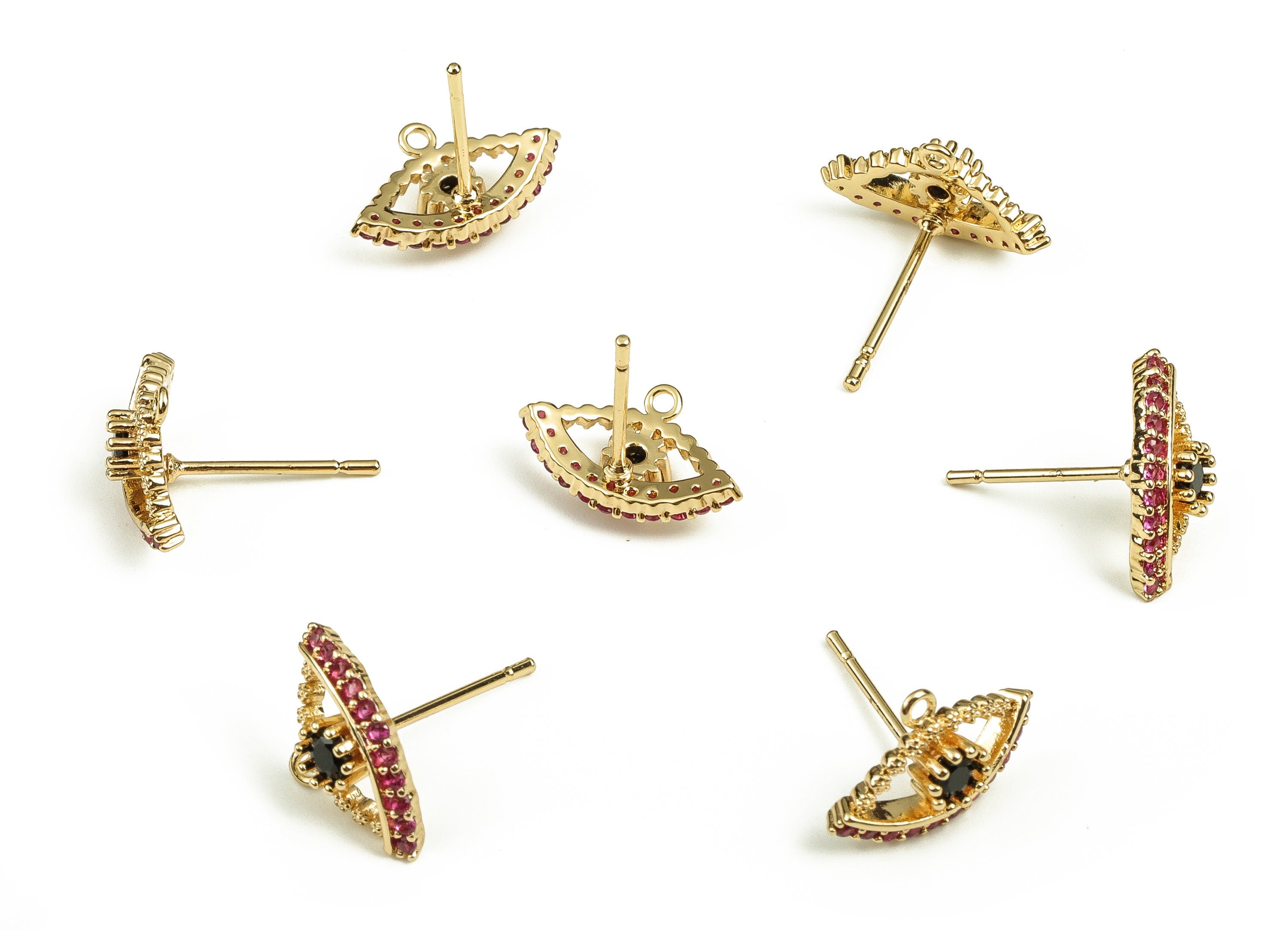 Brass Eye Earring Stud With Zircons - Gold Eye Earring Post - Stainless Steel Stud - 18K Real Gold Plated Brass – 8.61x13.93x3.6mm - RGP3872 - DOMEDBAZAAR