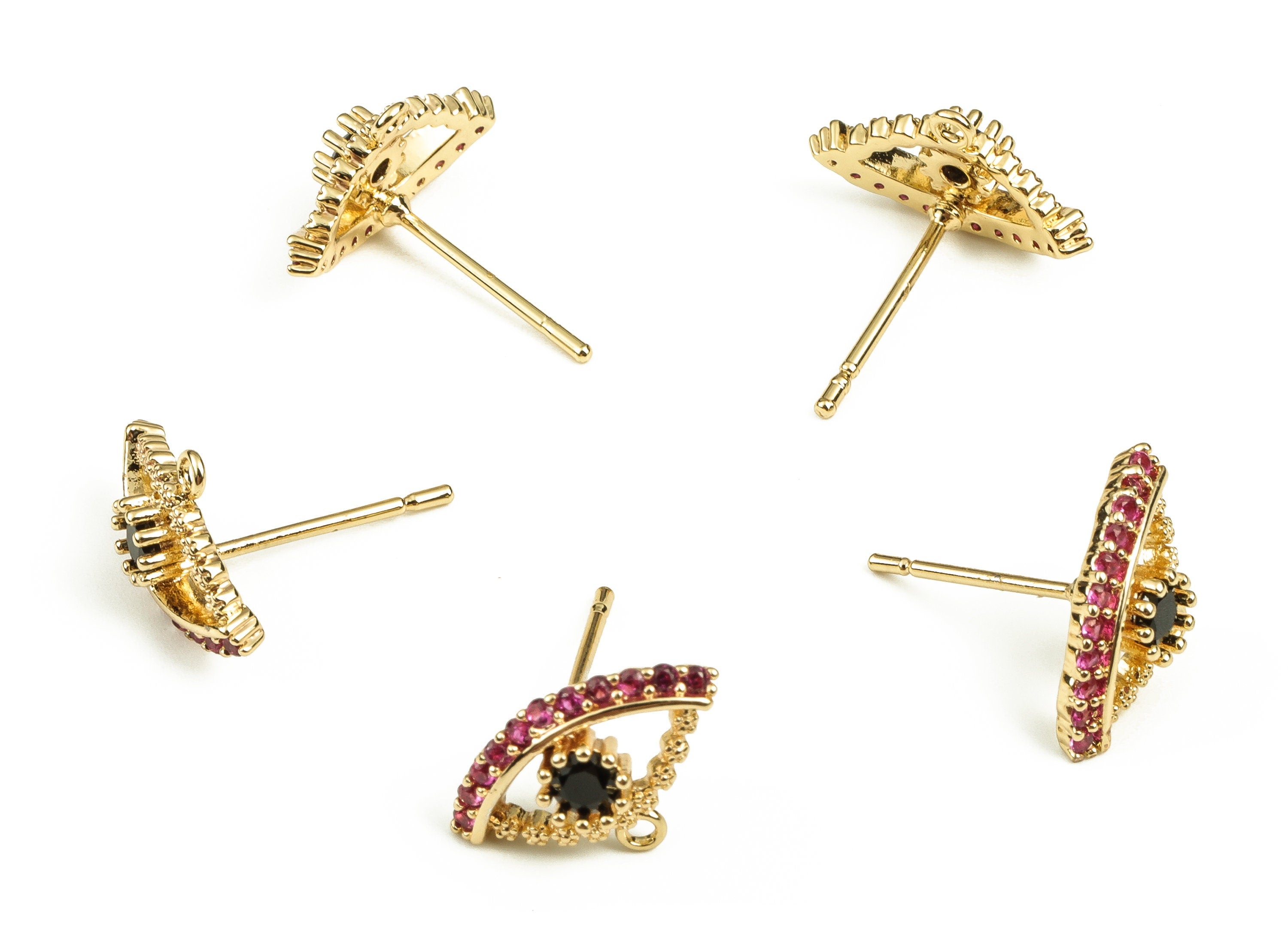 Brass Eye Earring Stud With Zircons - Gold Eye Earring Post - Stainless Steel Stud - 18K Real Gold Plated Brass – 8.61x13.93x3.6mm - RGP3872 - DOMEDBAZAAR