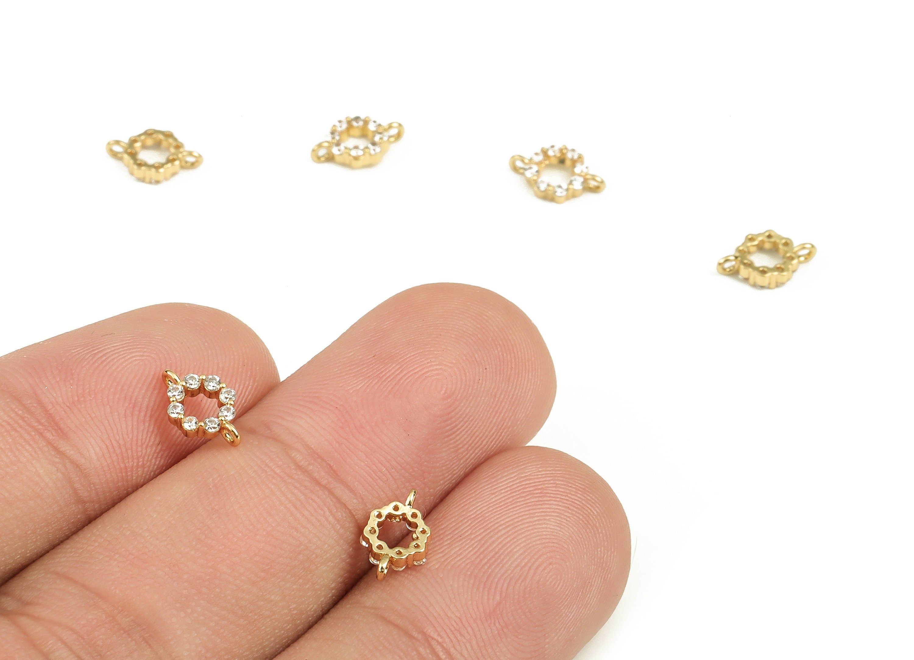 Brass Round Earring Connector With Zircons - Gold Flower Charms - 18K Real Gold Plated Brass - Jewelry Supplies - 8.68x5.8x1.94mm - RGP3884 - DOMEDBAZAAR