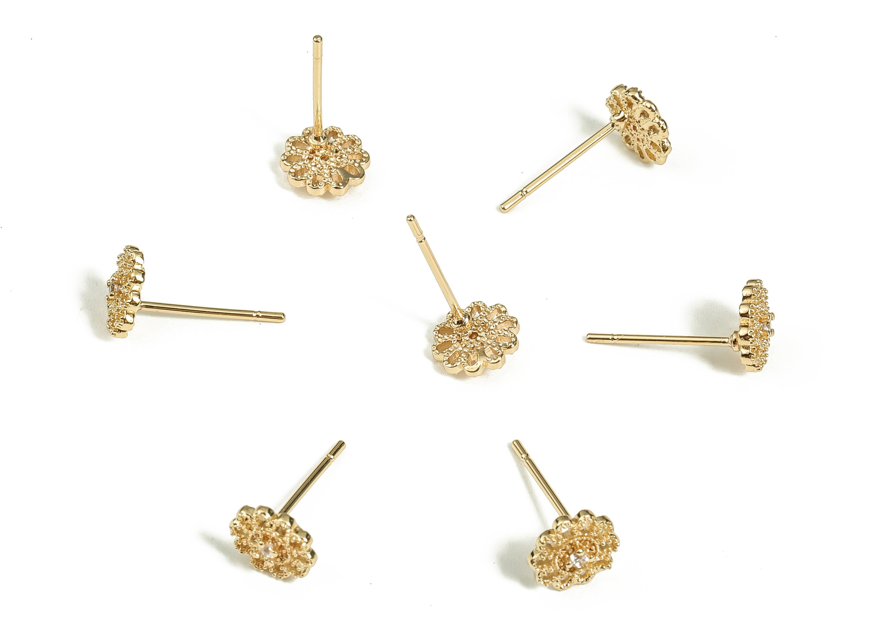 Brass Flower Earring Stud With Zircon - Gold Flower Post - Stainless Steel Stud - 18K Real Gold Plated Brass – 7x7x1.8mm - RGP3502 - DOMEDBAZAAR