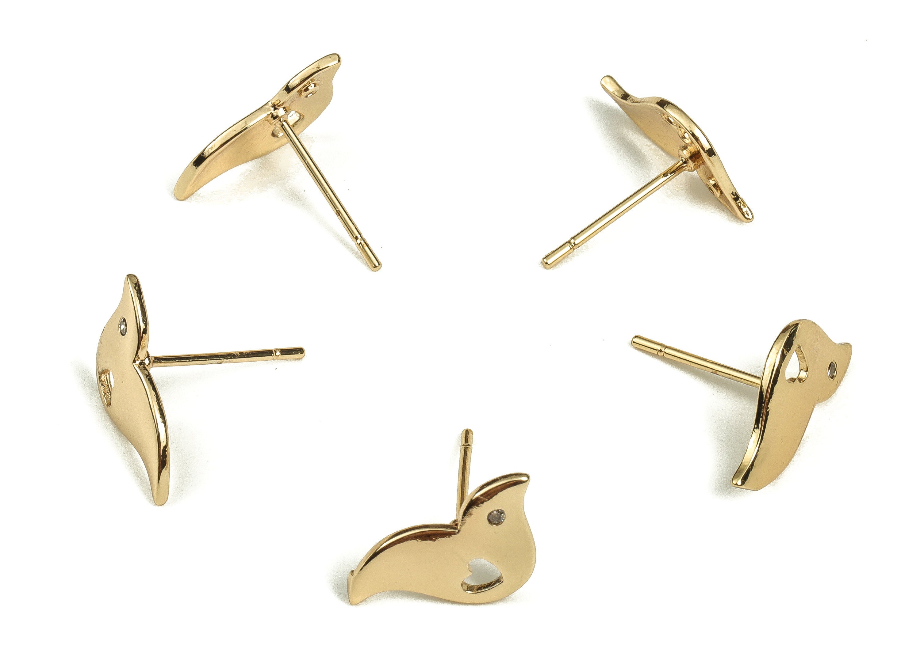 Brass Bird Earring Stud With Zircon - Gold Heart Post - Stainless Steel Stud - 18K Real Gold Plated Brass – 7.8x14.2x1.12mm - RGP3520 - DOMEDBAZAAR