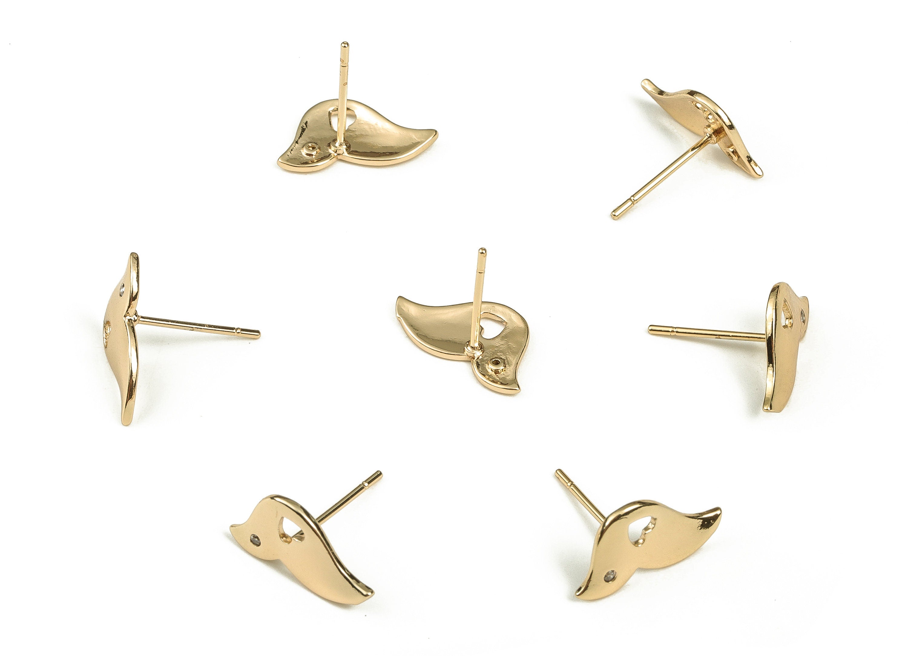 Brass Bird Earring Stud With Zircon - Gold Heart Post - Stainless Steel Stud - 18K Real Gold Plated Brass – 7.8x14.2x1.12mm - RGP3520 - DOMEDBAZAAR