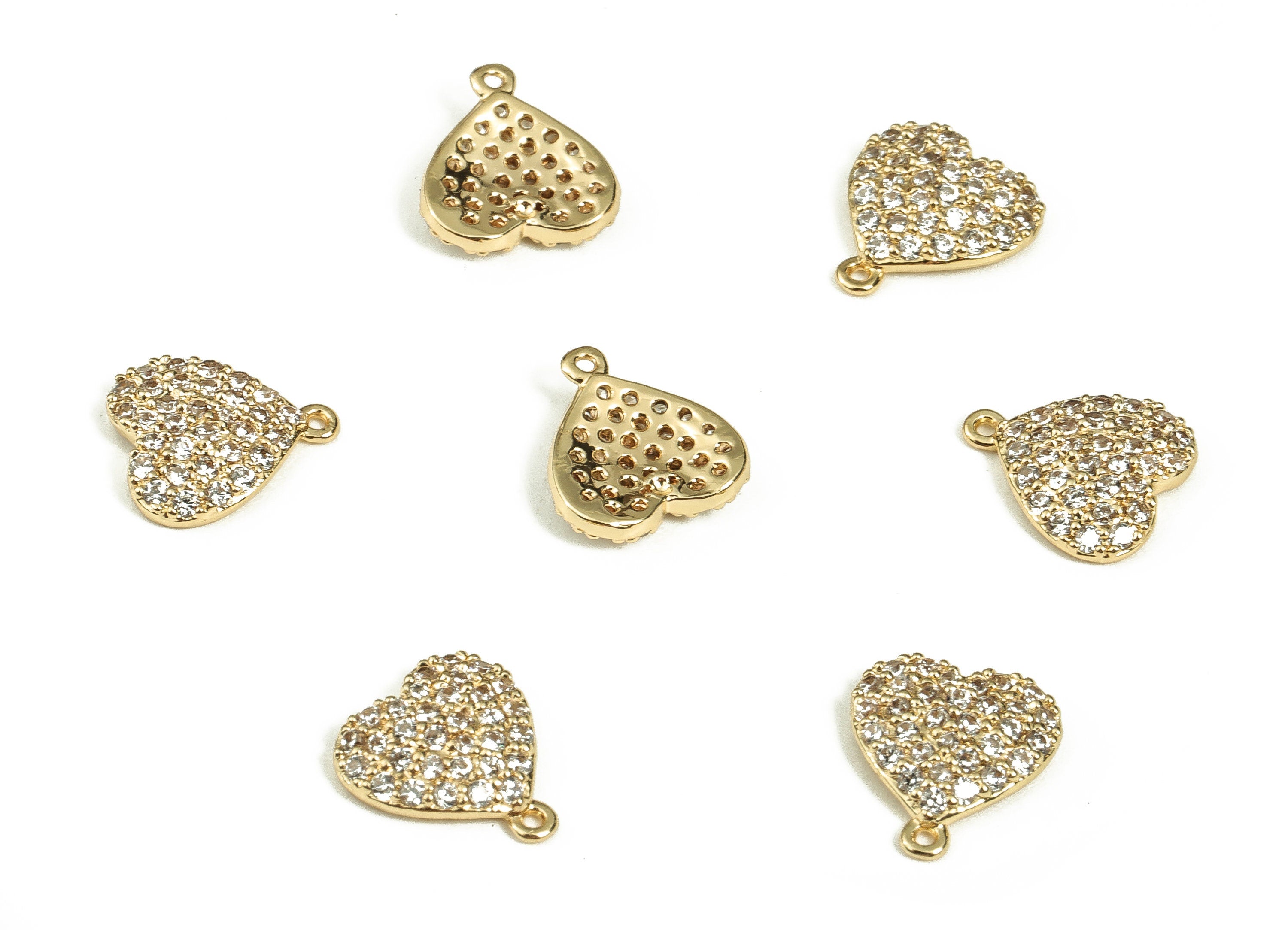 Brass Heart Earring Charms With Zircons - Gold Heart Pendant - 18K Real Gold Plated Brass - Jewelry Making Supplies - 9.37x8.6x2mm - RGP3457 - DOMEDBAZAAR